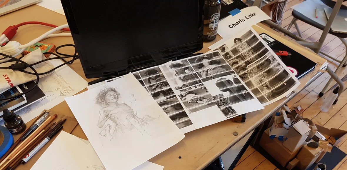 Preliminary sketches for the child, based on images from news reports.