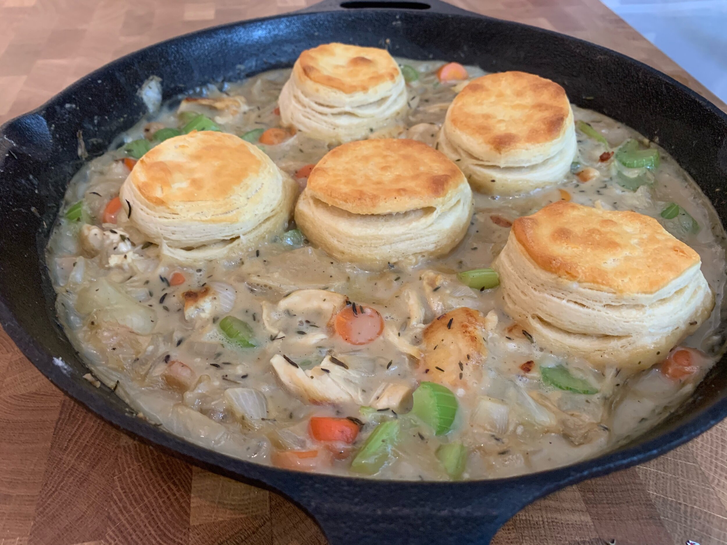 Almost Chicken Pot Pie but with Biscuits in Cast Iron Pan