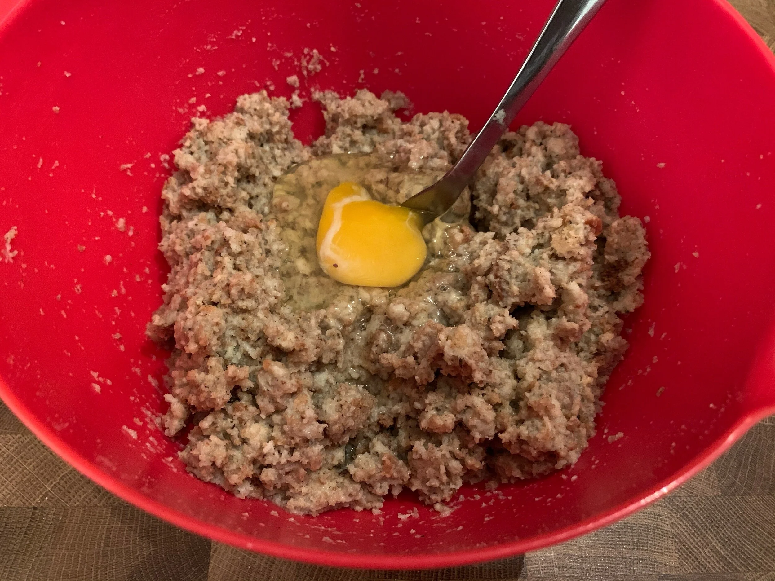 I think we only add the egg last since my brother and I kept stealing tastes while she was preparing this.