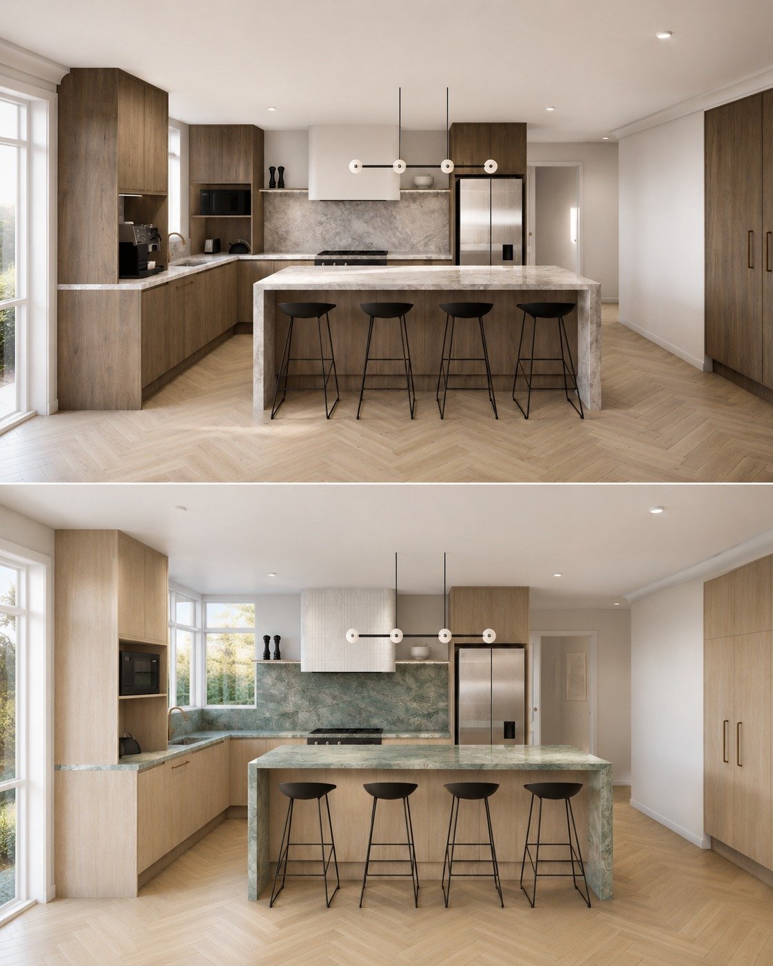 Same kitchen. Same layout. Two completely different directions.

This client was renovating and couldn't land on a direction&hellip; so we designed both options in 3D and let them actually see what they were choosing between.

Option A: Mid-brown tim