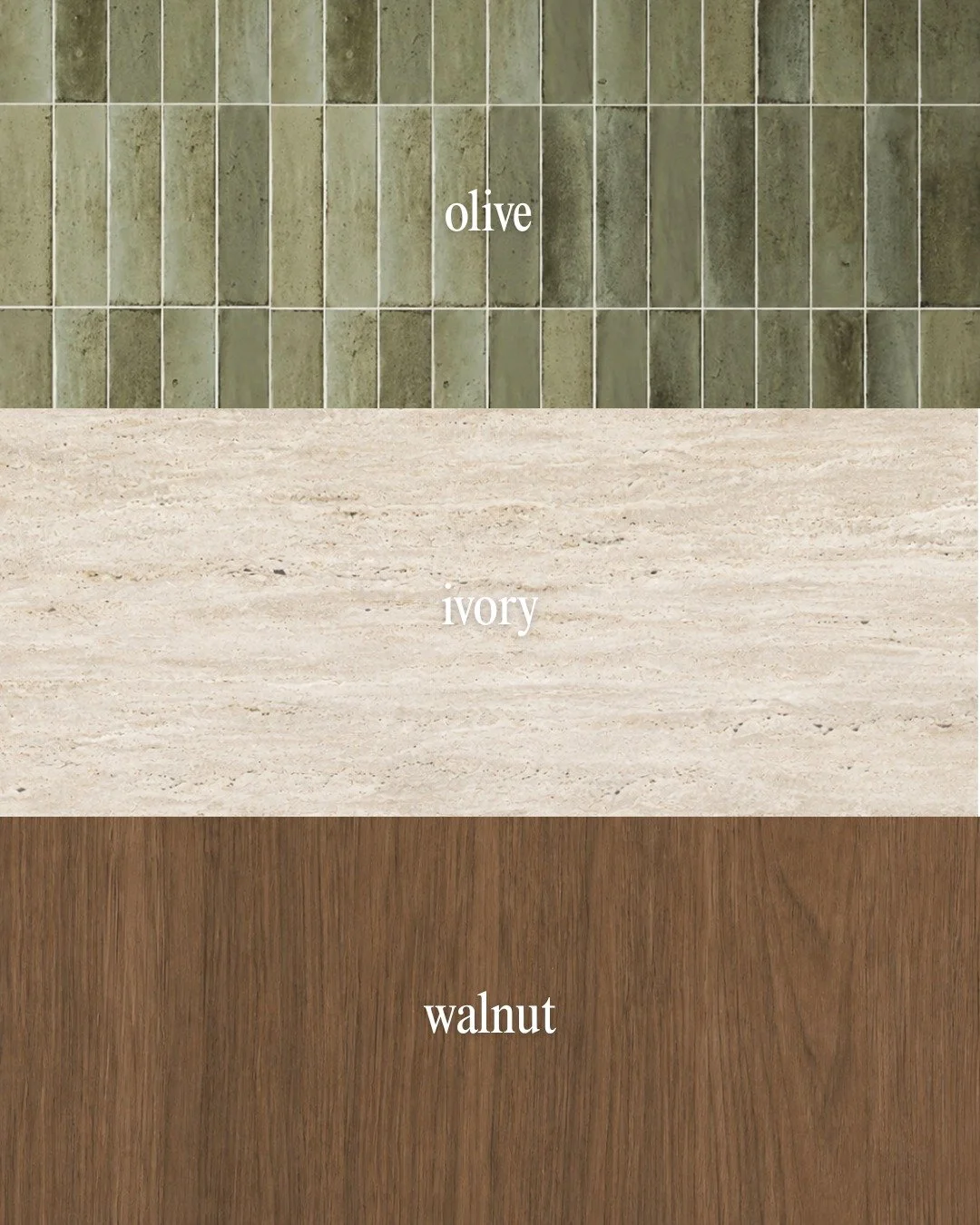 This palette is for the home that wants to feel rooted in something.

Walnut, olive, and ivory. Three materials that have been used for decades, and still feel completely current.

Walnut brings depth and richness that no stained timber can replicate