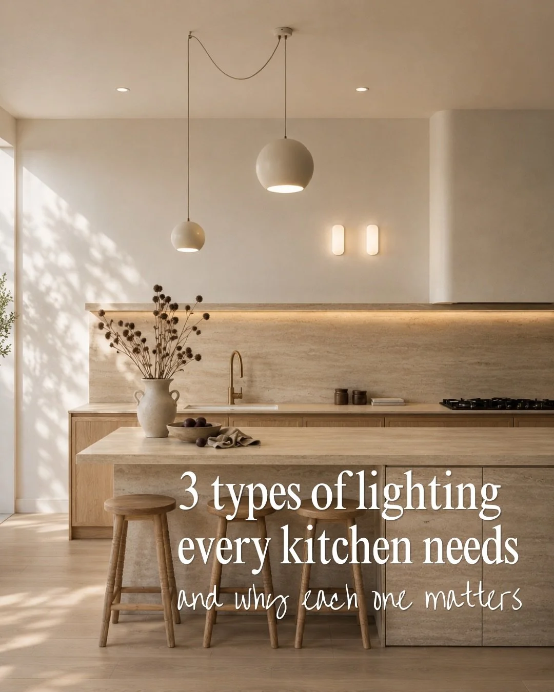 3 types of lighting every kitchen needs, and why each one matters.

Task lighting is what lets you actually see what you&rsquo;re doing. Under-cabinet strips over the bench, downlights over the sink and stove. Without it, your own body casts a shadow