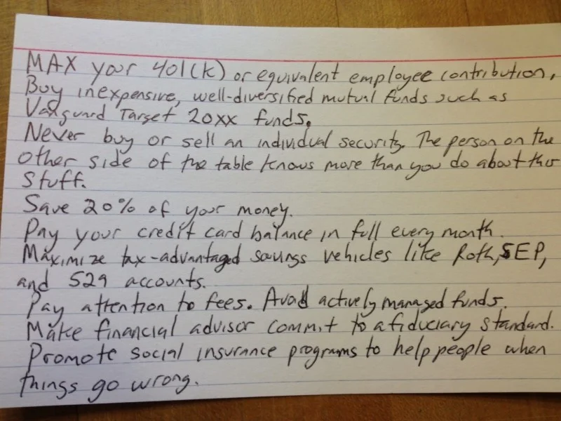 Harold Pollack's index card summarizes his most important financial advice
