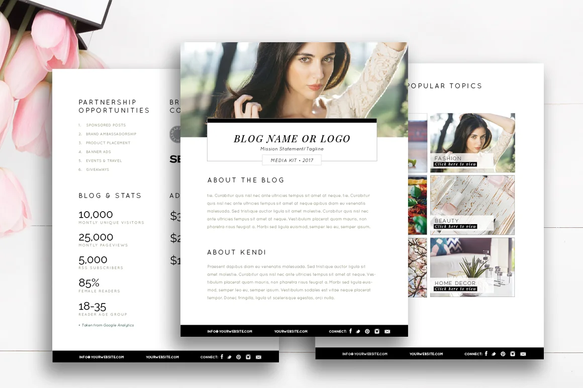 Blogger Media Kit Template | 3 Pages | Photoshop & InDesign