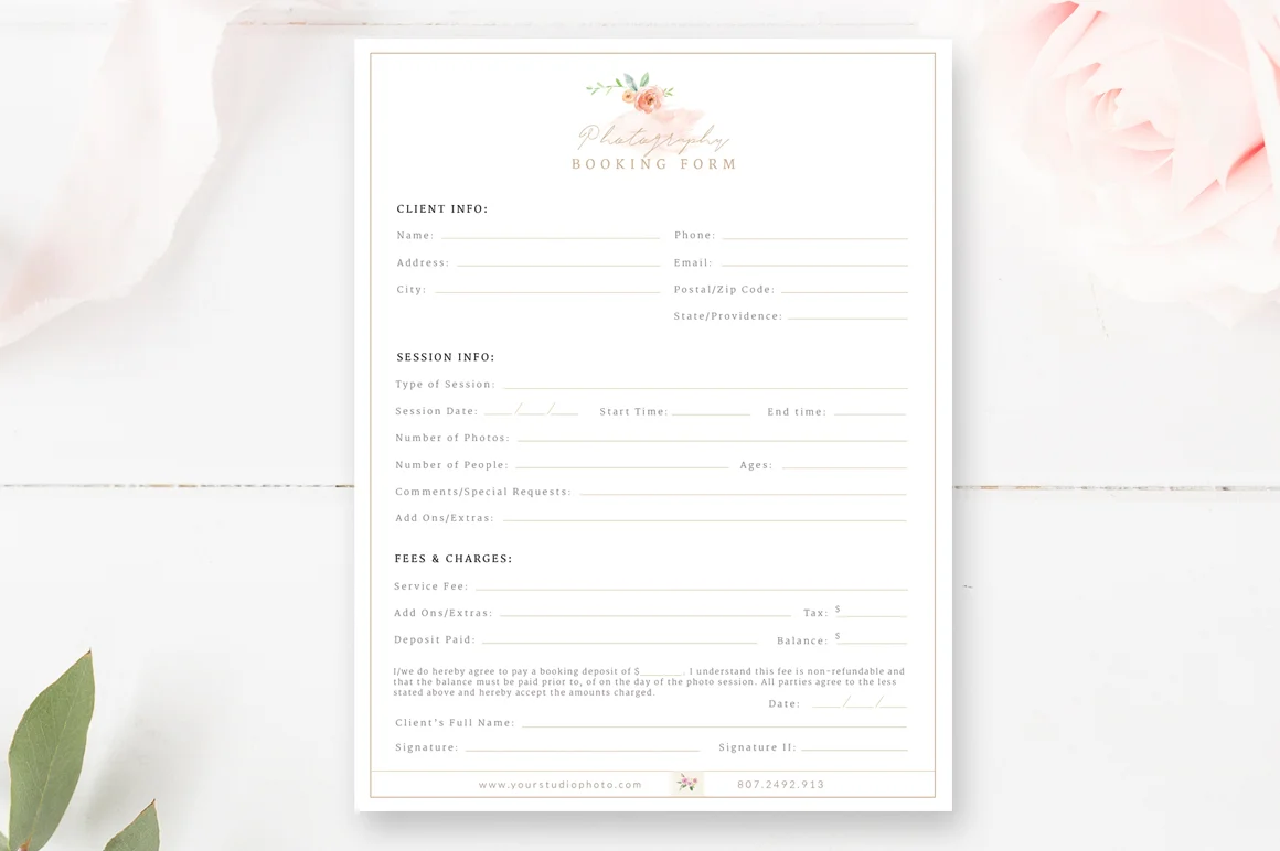 Client Booking Form For Photographers, Photography Contract