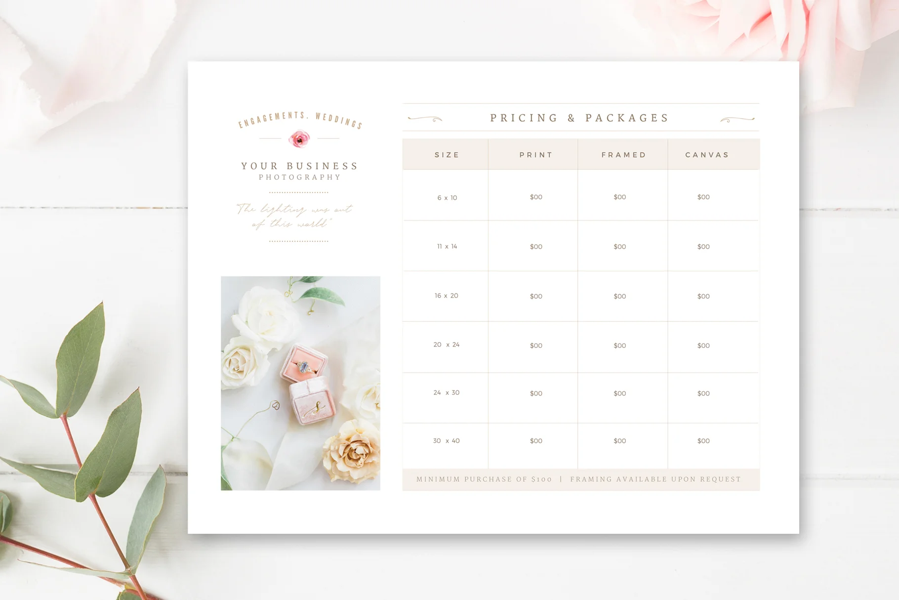 Price List Template for Wedding Photographer, Print Packages Pricing Sheet,