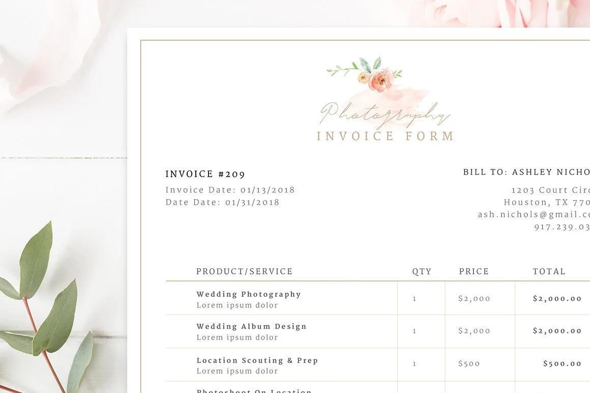 Invoice Template for Photographers, Photoshop and MS Word Templates