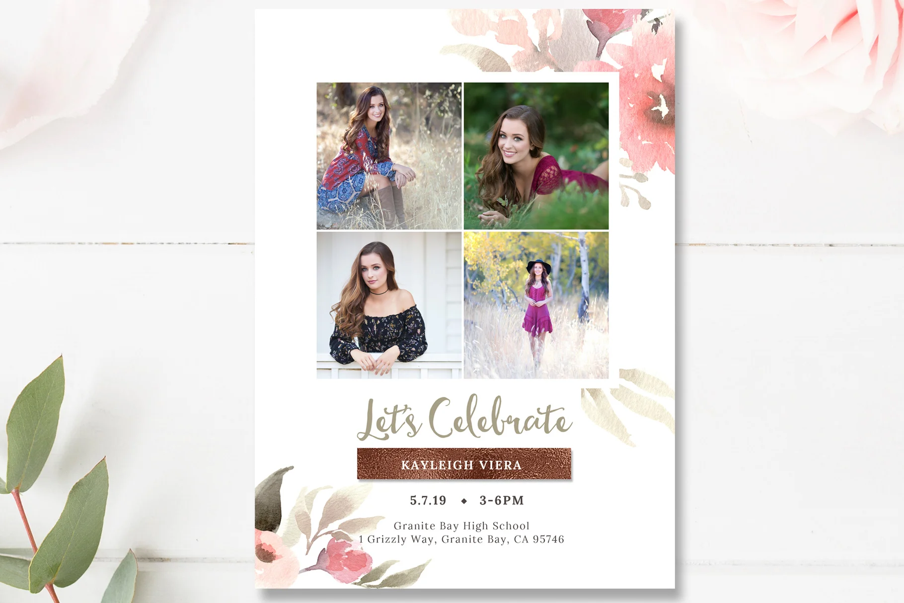 Floral Watercolor Senior Grad Card Template, Photoshop Template —  Photographer Templates