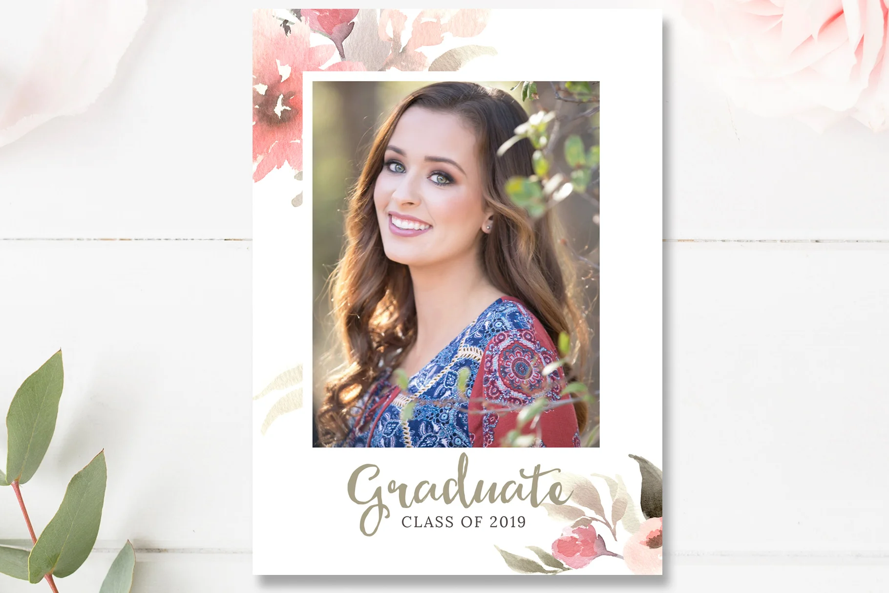 Floral Watercolor Senior Grad Card Template, Photoshop Template