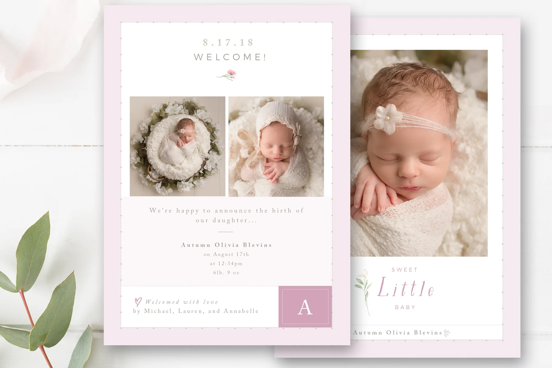 Girls Birth Announcement Photo Card Template | Photoshop Template for Photographers