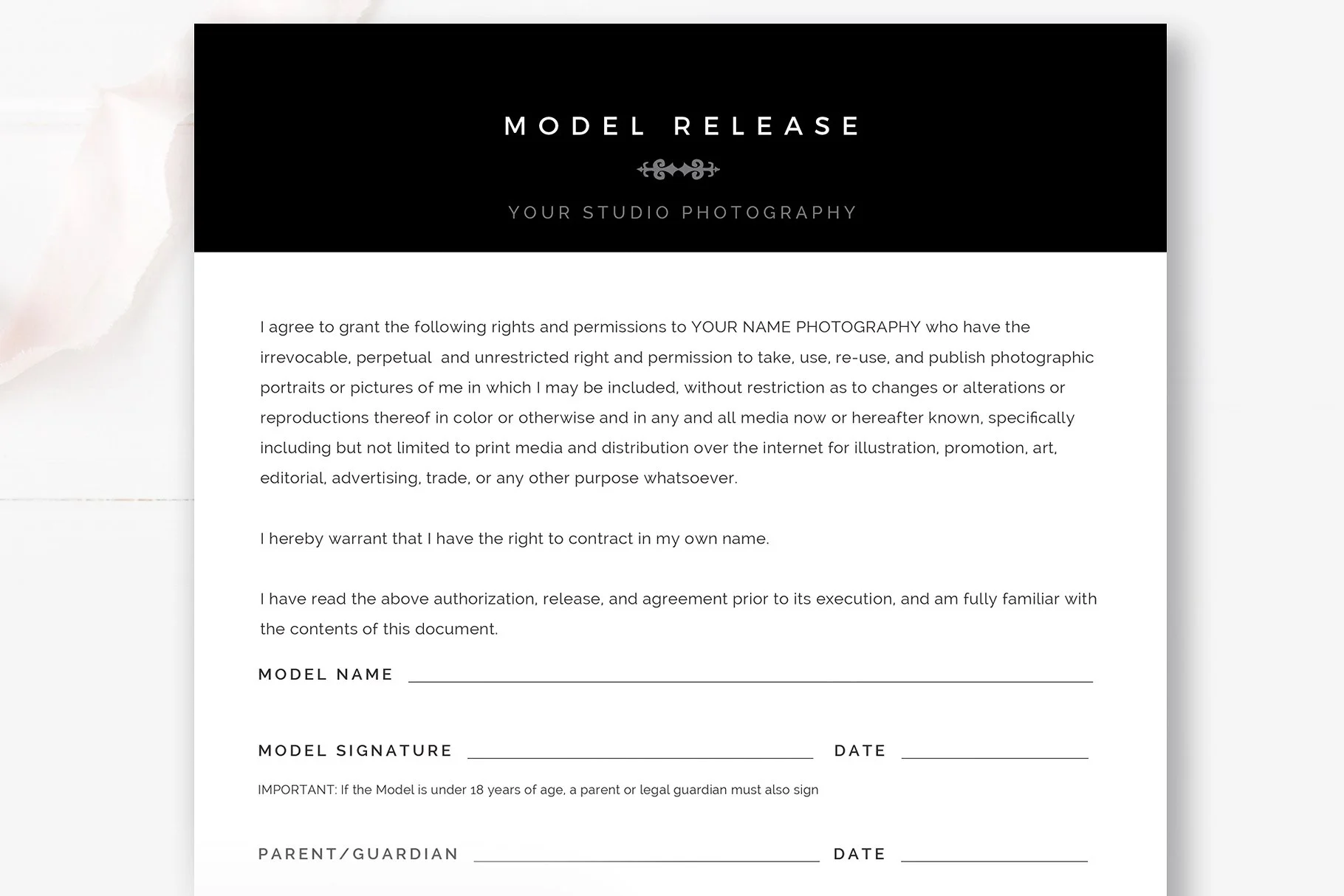 Photography Model Release Form, Photoshop & MS Word Template