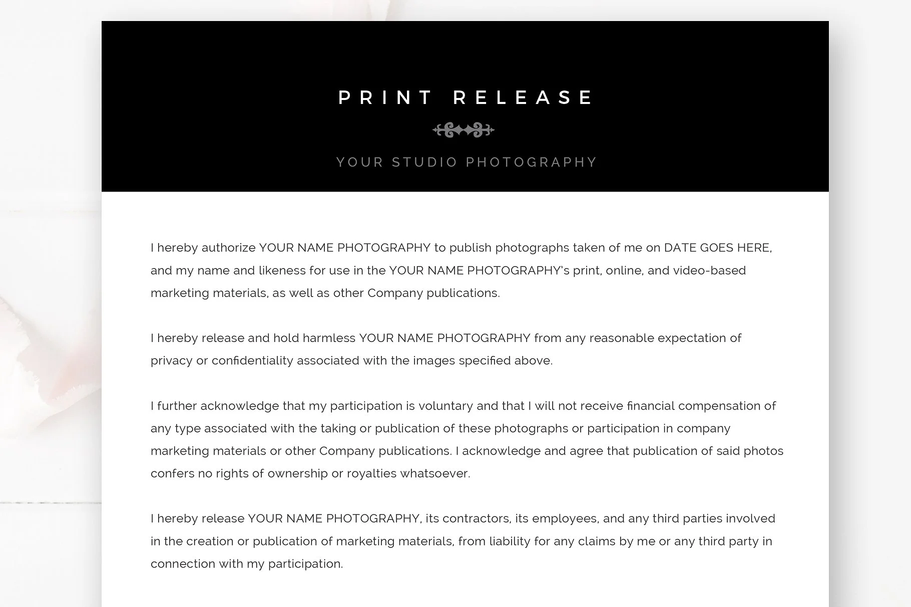 Photography Print Release Template, Photoshop & MS Word Template