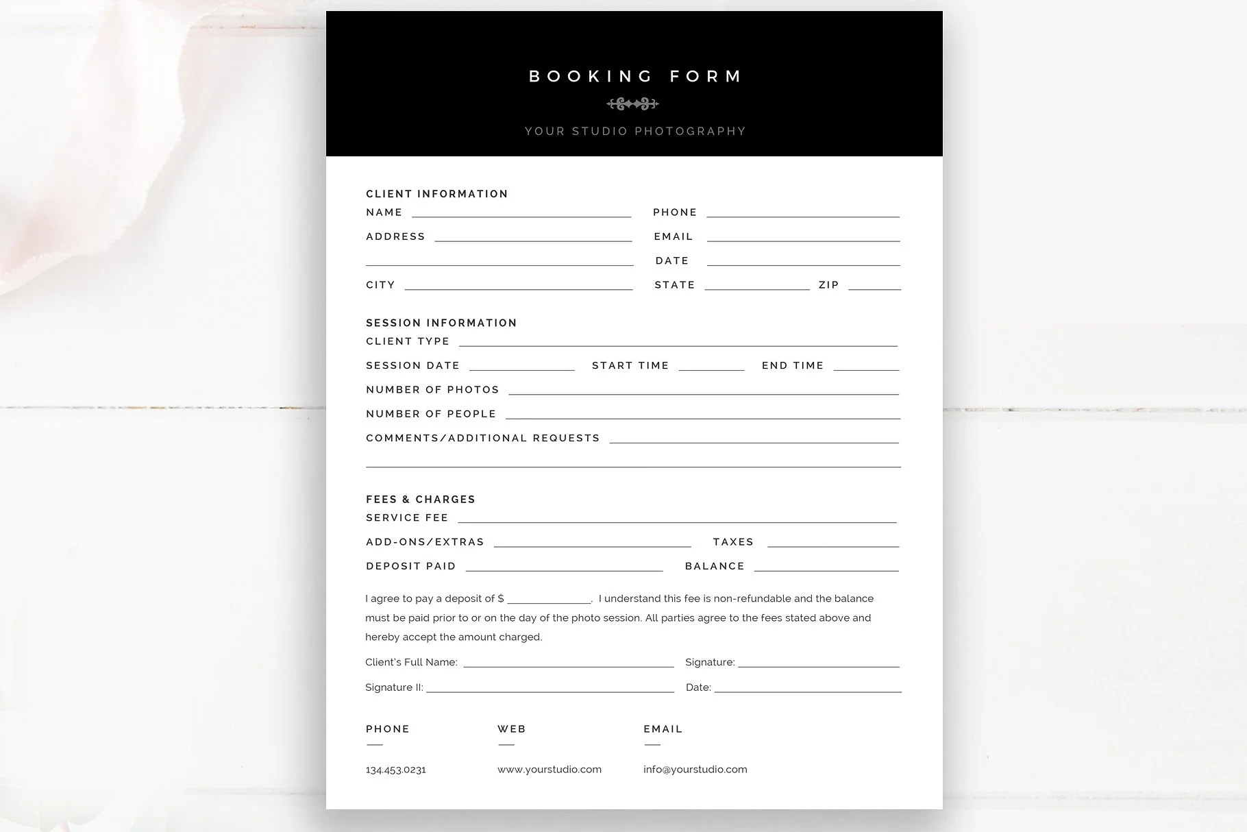 Photography Booking Form, Photoshop Templates for Photographers