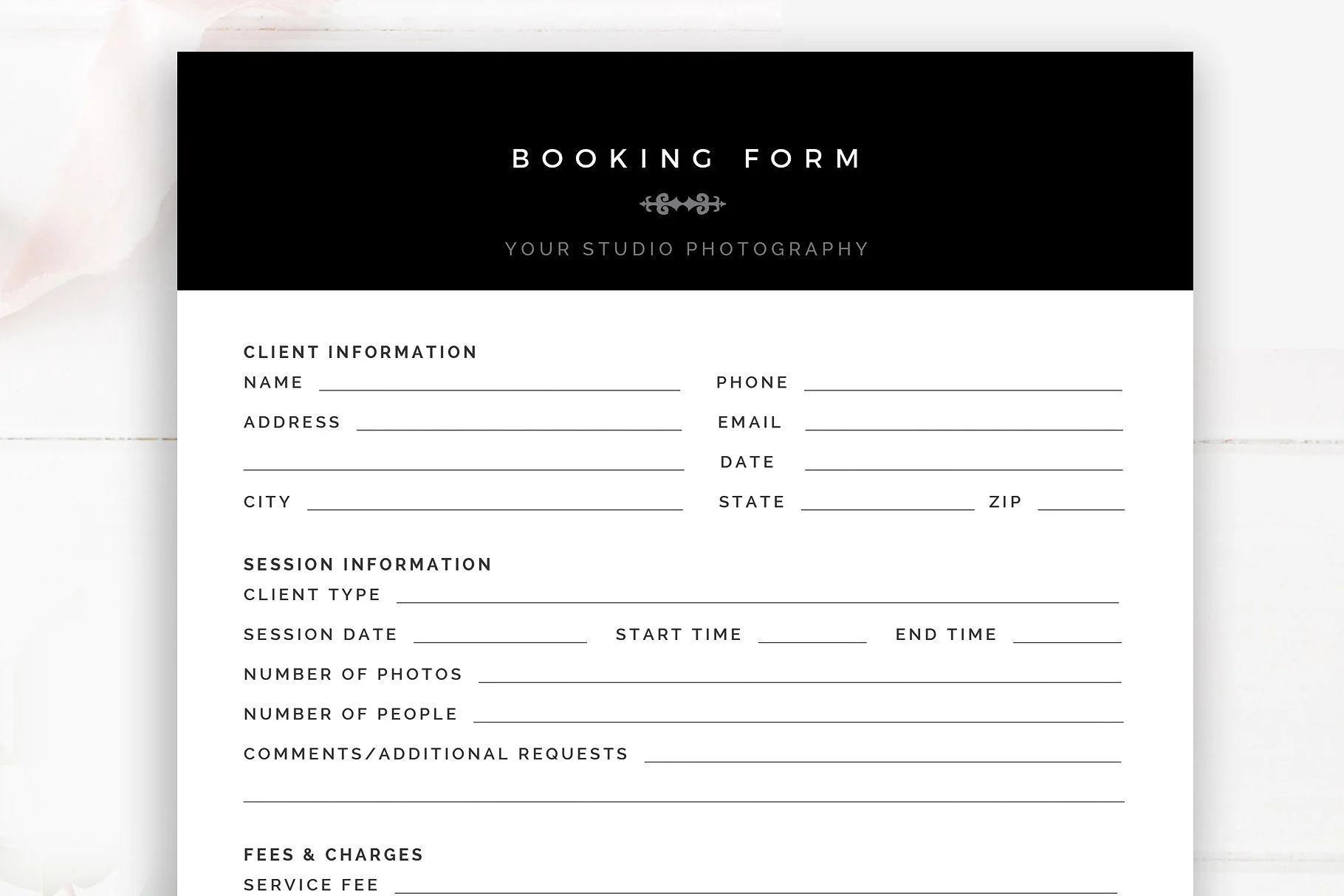 Photography Booking Form, Photoshop Templates for Photographers