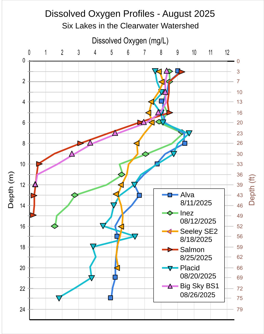 Clearwater Watershed - 6 Lakes - Dissolved Oxygen , August 2025