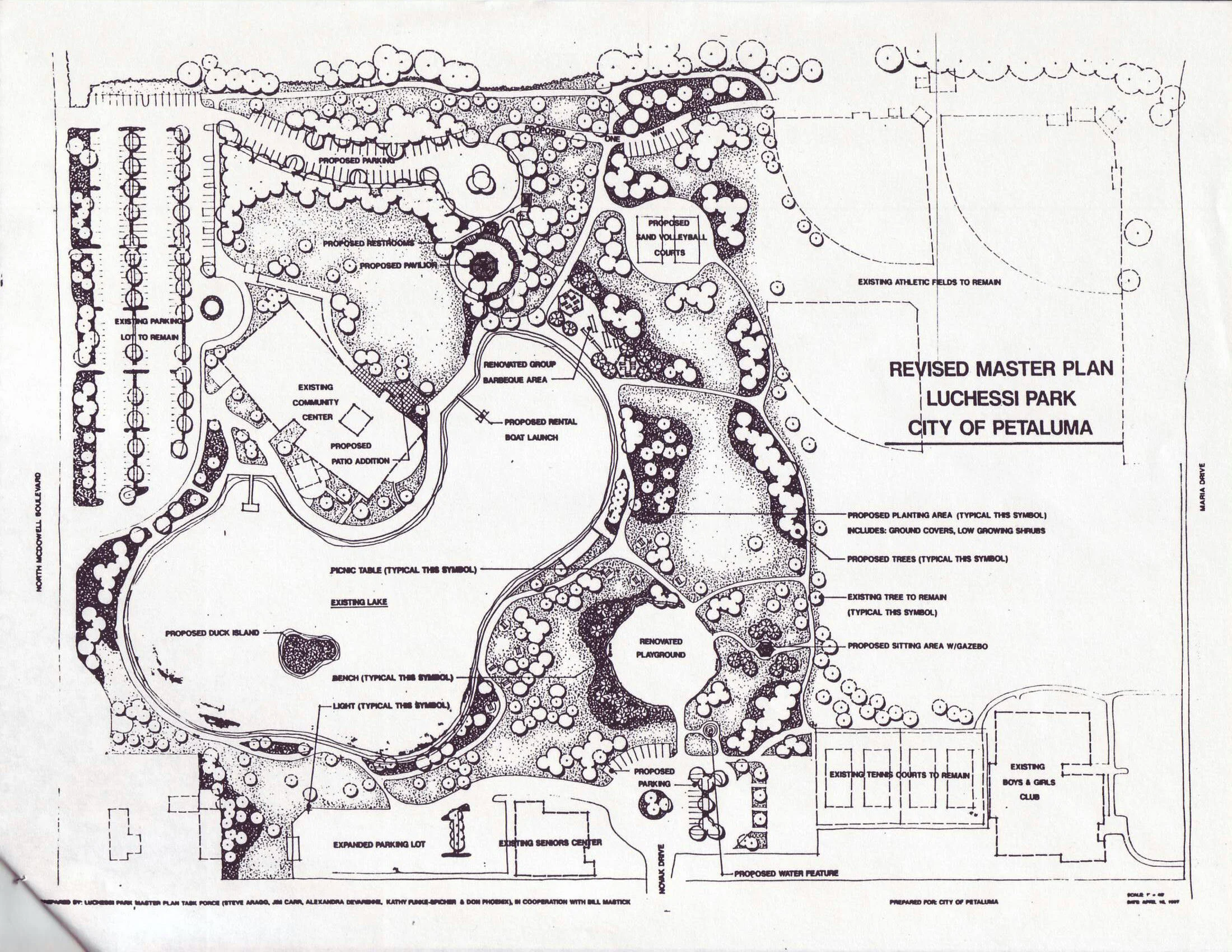 1997 Master Plan by Petaluma volunteers, commissioners, and advocates. Drawing produced by Parks Commissioner and landscape architect Steve Arago.