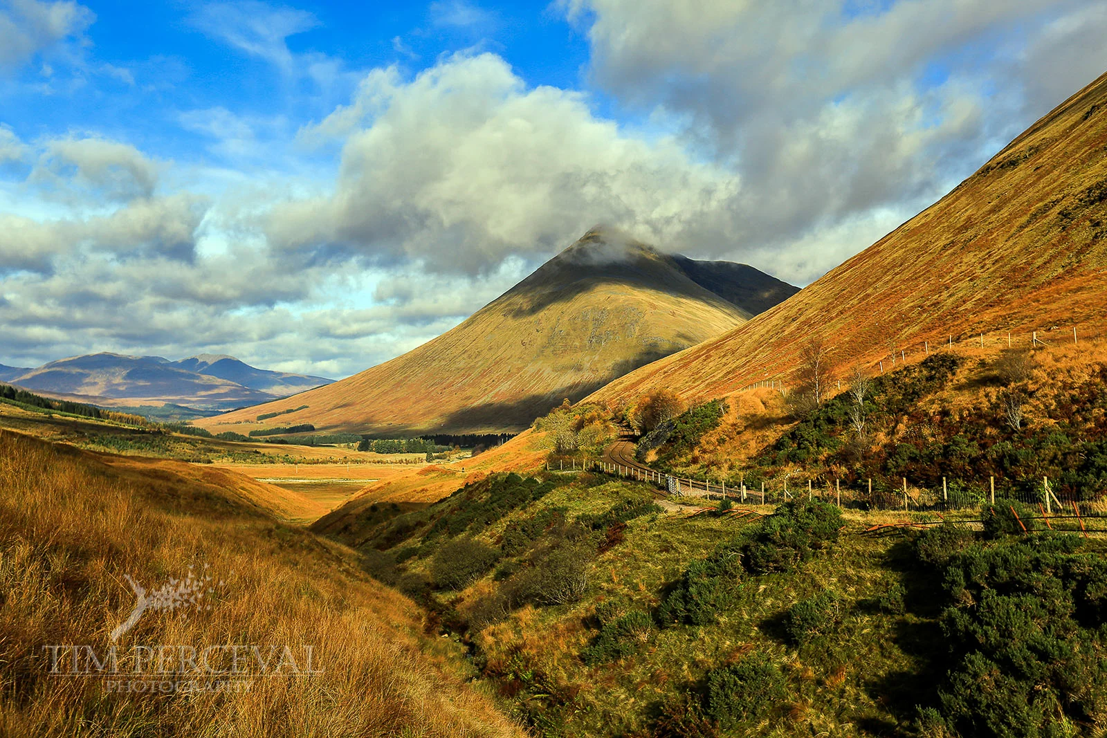 Highland valley at the foot of Beinn a Chaisteil and Beinn Dorain.