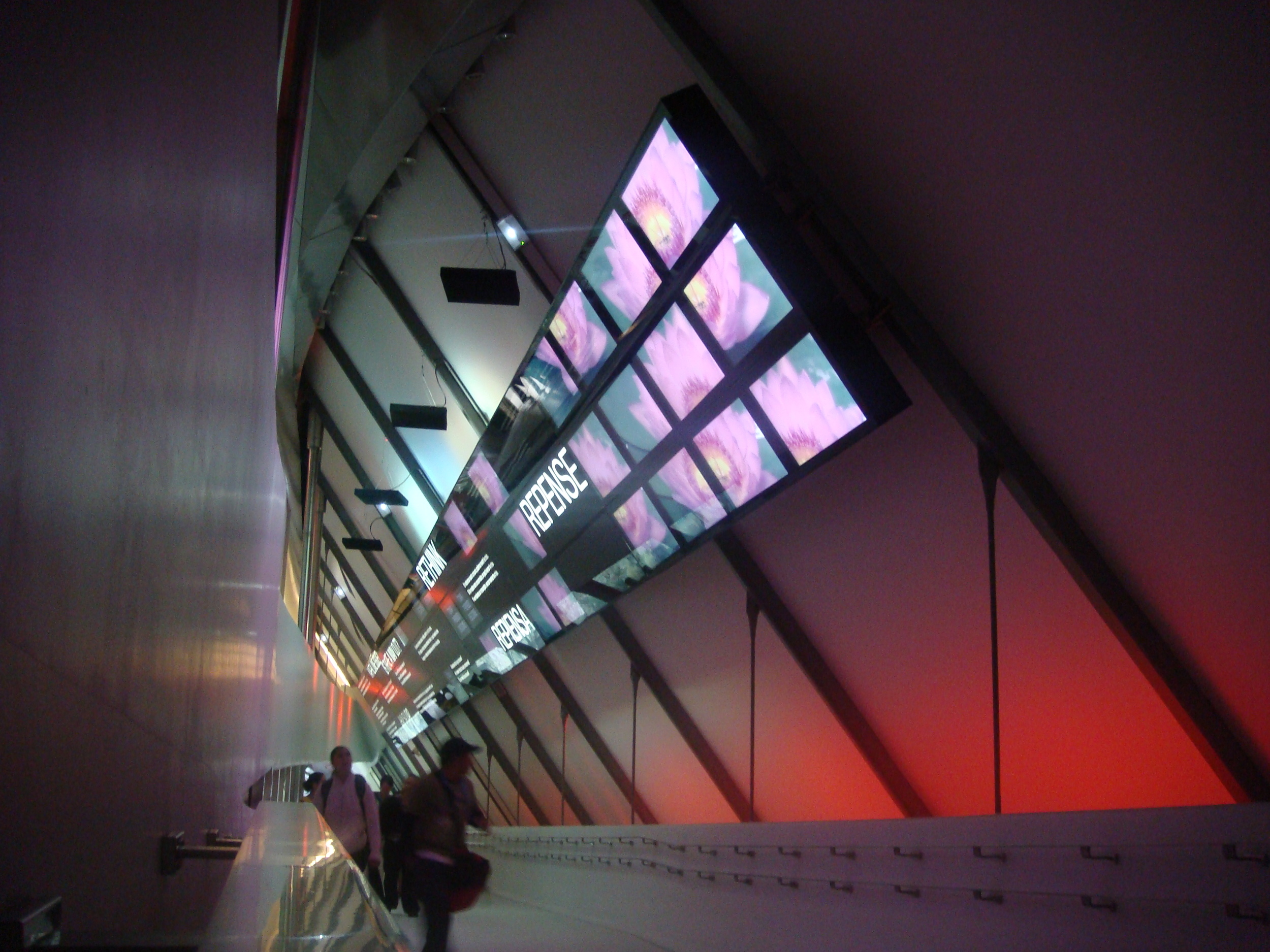  On the ramp accessing the second floor of the Bridge Pavilion, a mixed video and graphic installation invited visitors to evaluate and think about our role in the crisis. 