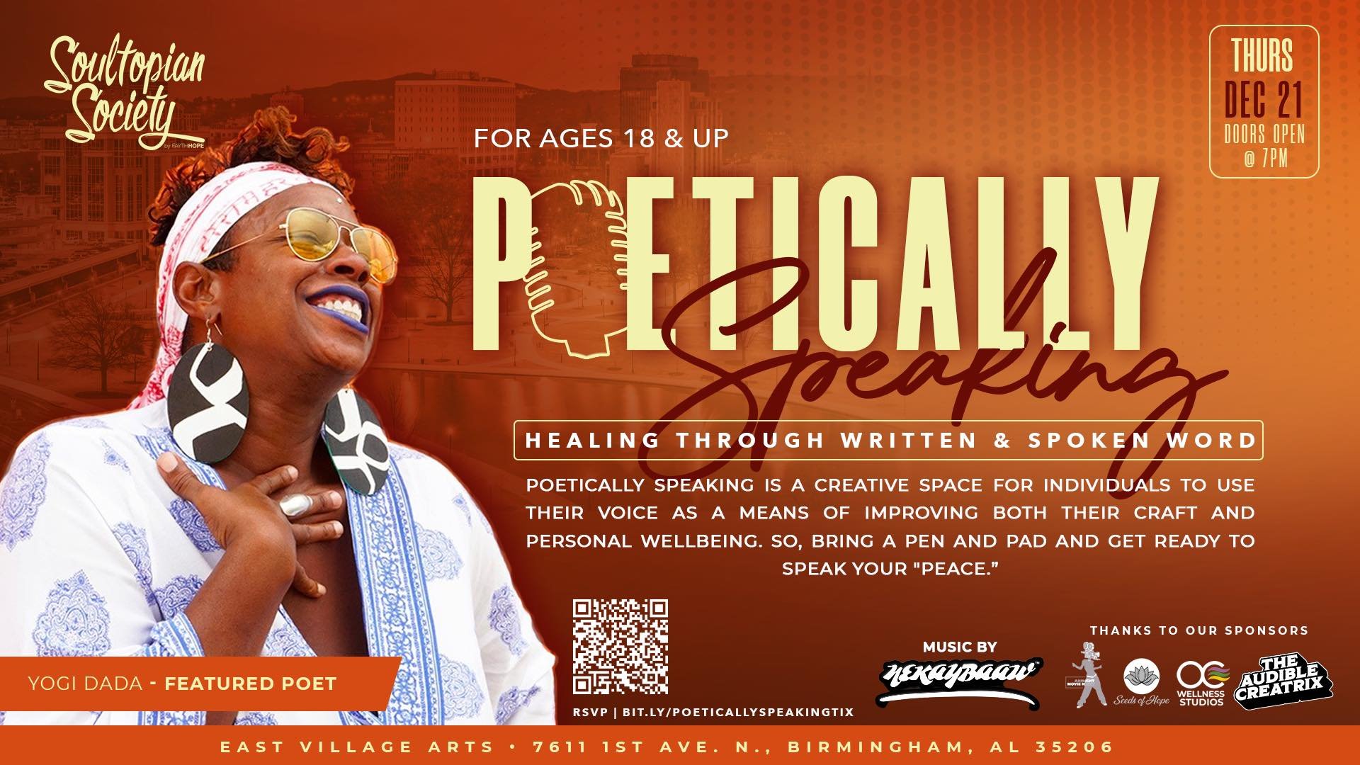 Join us on Thursday, December 21st at East Village Arts for our last #PoeticallySpeaking of 2023! Gracing the mic will be the multi-talented Yogi Dada!! The night&rsquo;s festivities will begin at 7:30. Click &ldquo;Learn More&rdquo; to RSVP&hellip;w