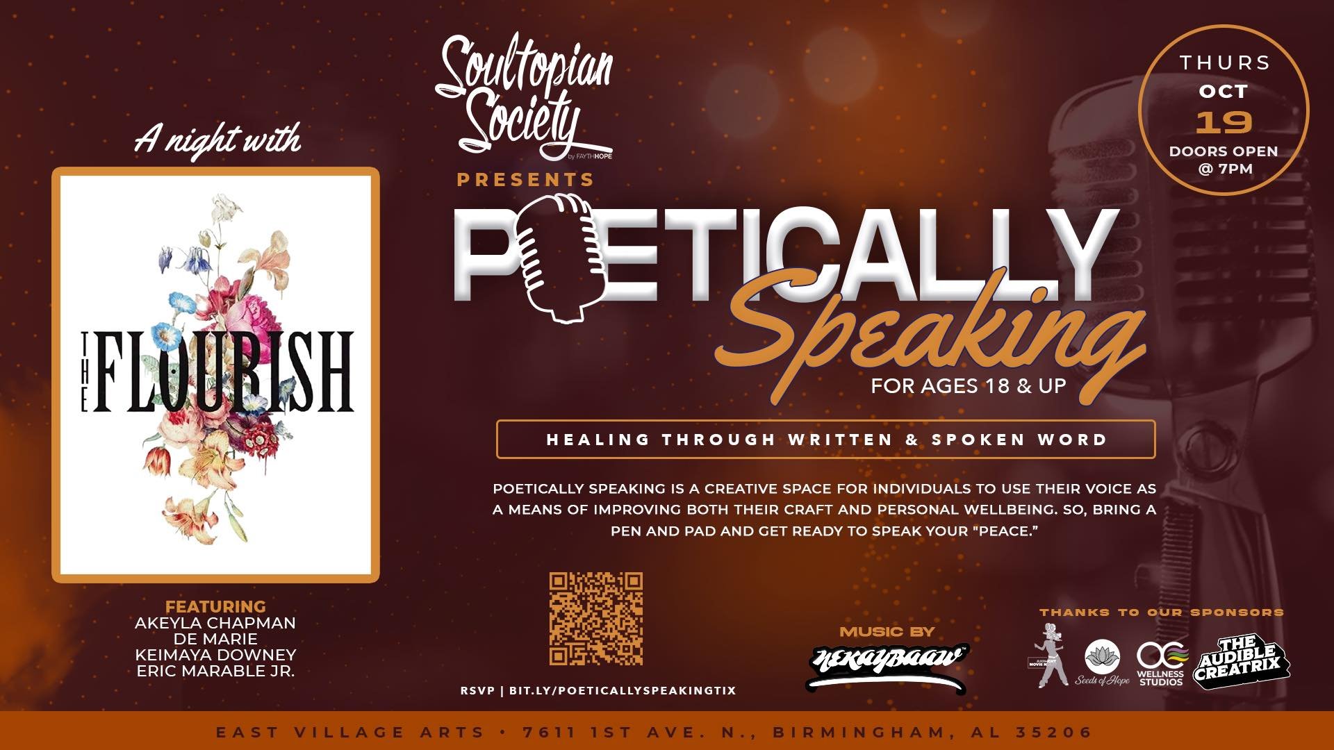 What&rsquo;s good Soultopians?! We will be joining forces with The Flourish for the October edition of #PoeticallySpeaking! Come join us at East Village Arts on Thursday, Oct. 19th at 7:30pm to see dopeness personified. Visit link below to RSVP!
🤘🏾