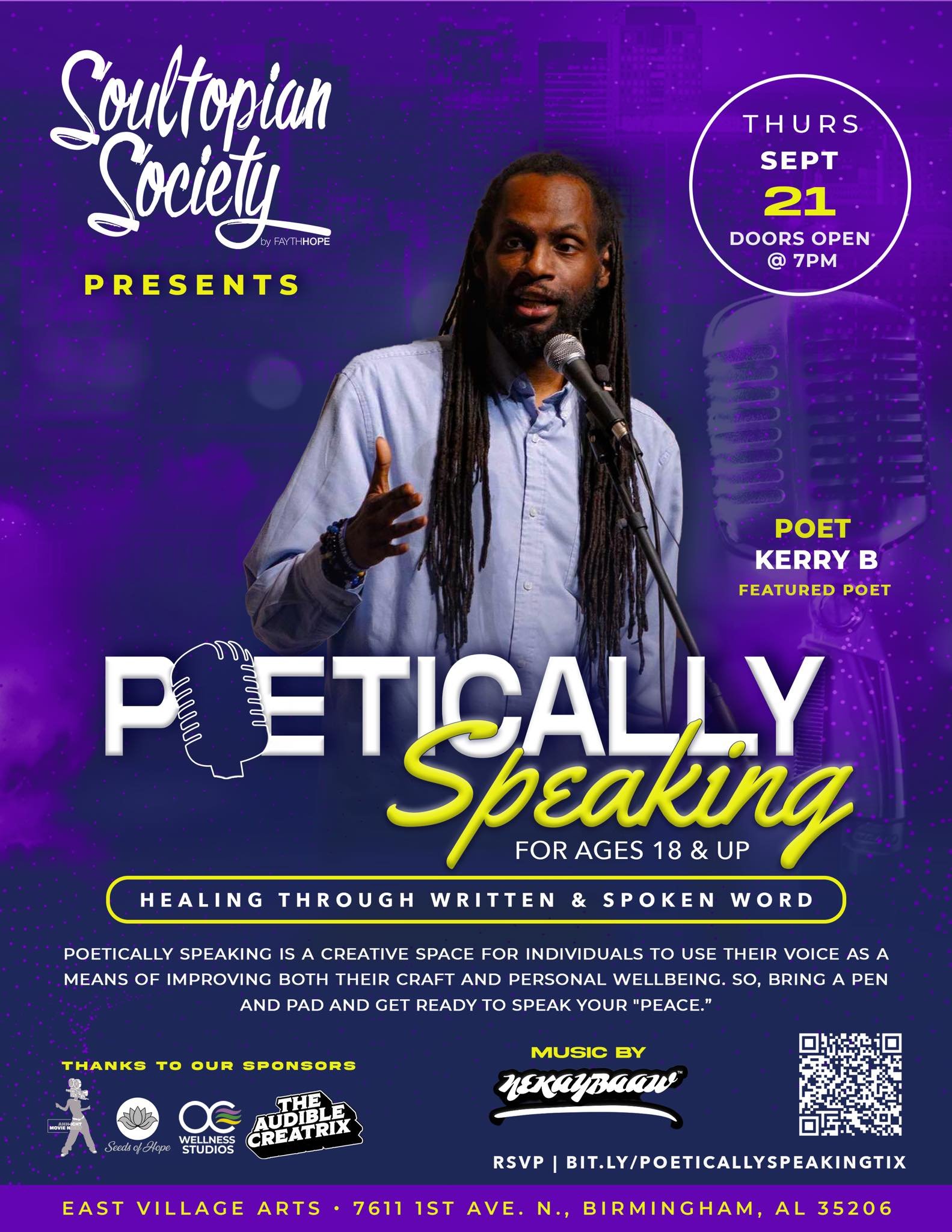 Thursday is almost here! Join us for #PoeticallySpeaking at East Village Arts of Birmingham&hellip;THIS THURSDAY (9/21)! Doors open at 7pm and at 7:30pm, we will begin. Don&rsquo;t miss it!
Brought to you by Soultopian Society, Ahh-ight Movie Night, 