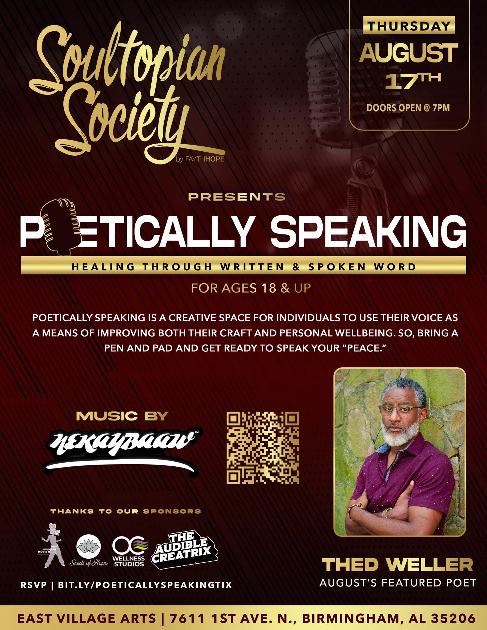 Next up on deck for the August edition of #PoeticallySpeaking&hellip;poet/emcee #ThedWeller!! Let&rsquo;s keep this train rolling! See you August 17th!!