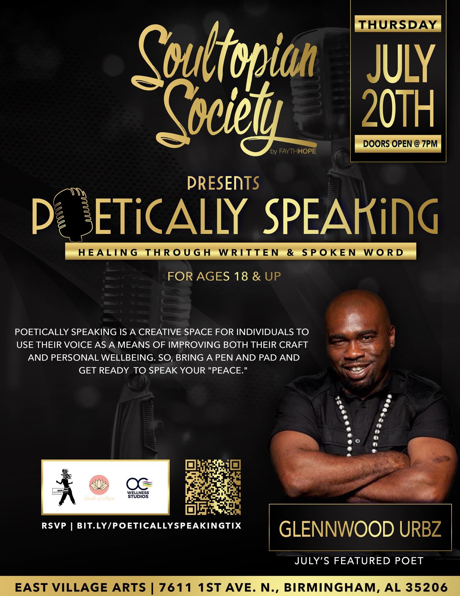 Next up on the Soultopian Society agenda&hellip;another edition of POETICALLY SPEAKING! For July, we will be featuring none other than Glennwood Urbz (The Poet)!! This event series is free, so mark your calendars for July 20th at 7pm (and every 3rd T