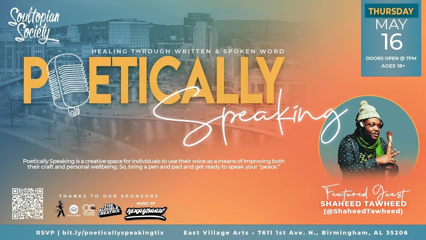 Coming to the stage at the next installment of #PoeticallySpeaking&hellip;@ShaheedTawheed!! Come on out to @eastvillageartsbham Village Arts on Thursday, May 16th to witness greatness. You don&rsquo;t want to miss out on a good thing!! Doors open at 