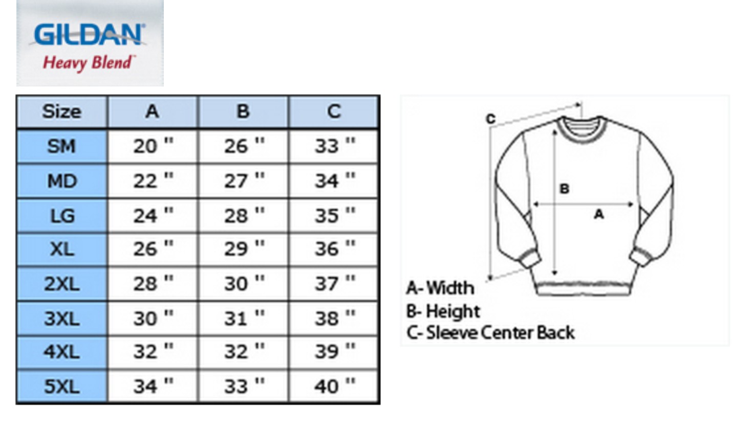 Gildan Unisex Sweatshirt Size Chart