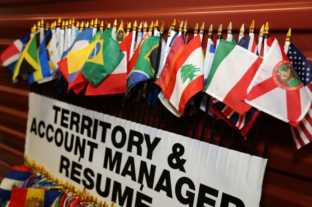 The sign Frank carries with him on the street every day is loaded with flags and résumés.