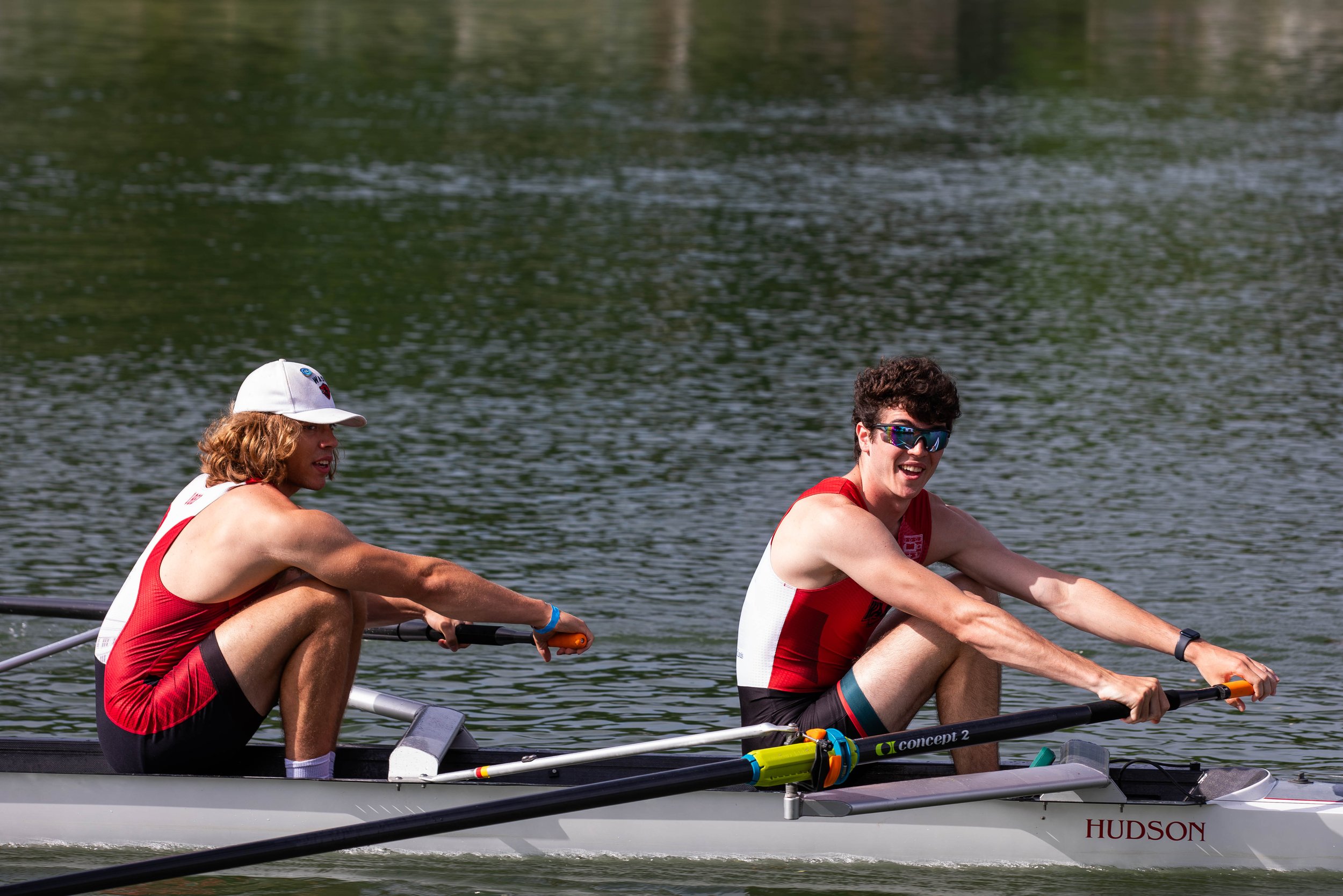 Sebastian T and Ryan O prepare to compete in the Mens 2- at ACRA 2025.