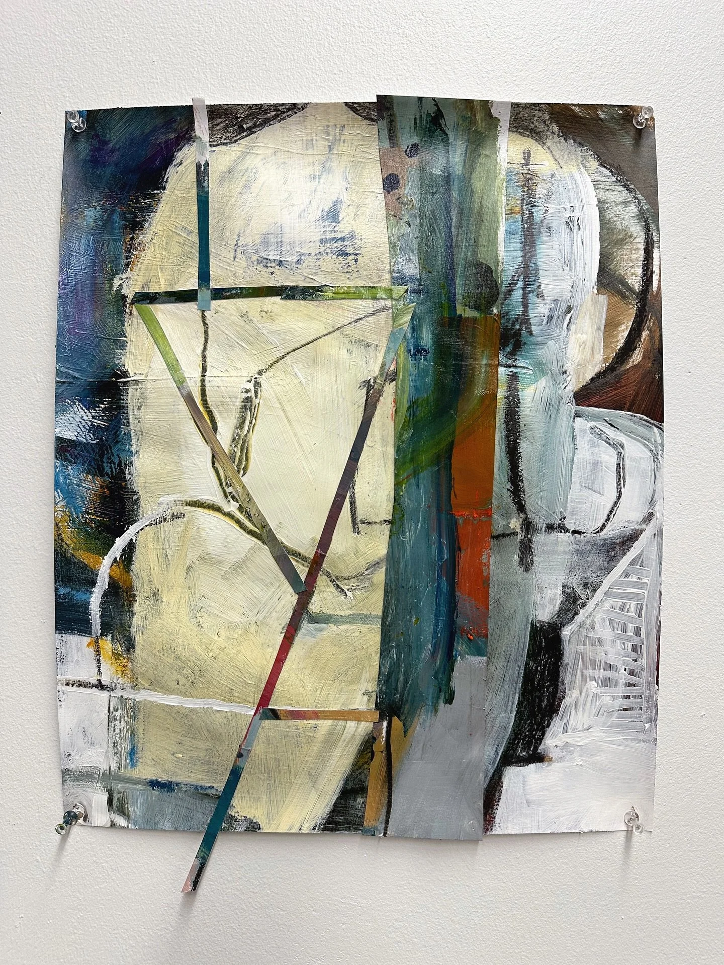 Really enjoying the added collage in this piece. It adds a nice boldness. The one large collage piece blends into the original painting. And the most exciting part is the collage lines! I was working with creating different types of lines and this wa