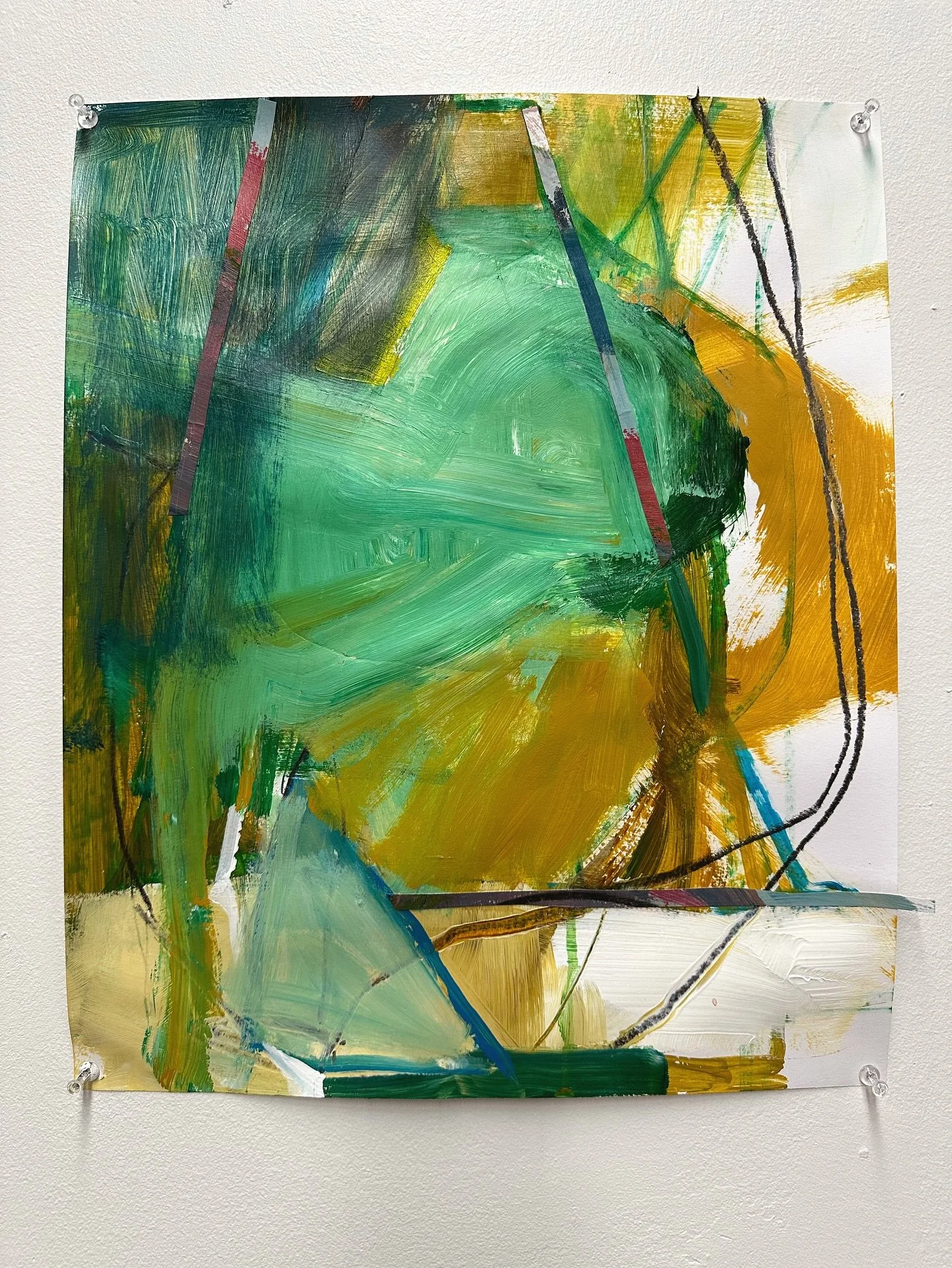 This is the subsequent collage line piece, where I also added in strips of colored paper to create the large triangle shape. There&rsquo;s a smaller triangle and then a brush-like triangle. And if you look closely a few more triangles. Because why st