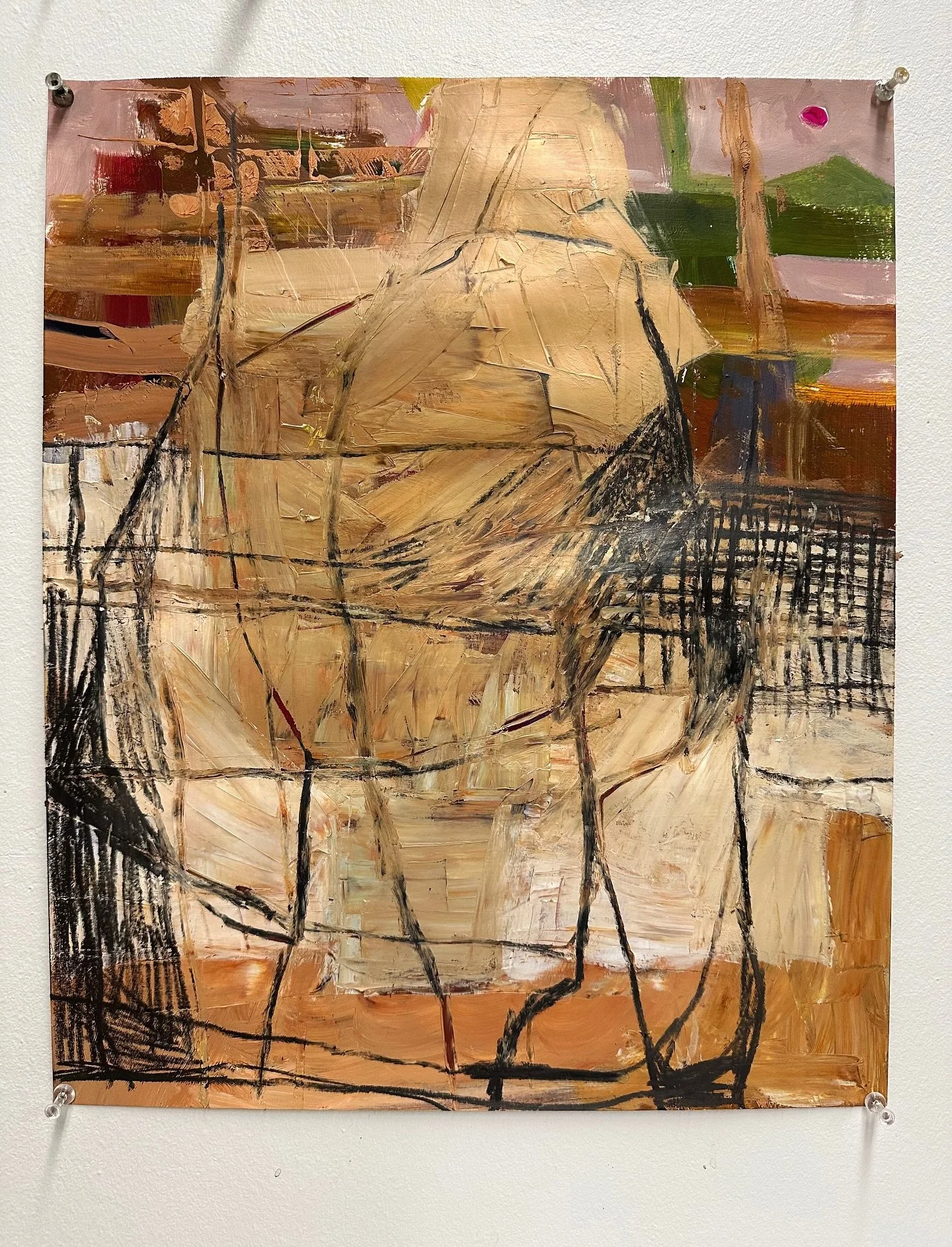 I remember finishing this piece and thinking how wild and exciting! I love the texture and the aggressive mark making. I had a nice painting underneath, and you can see remnants of what was. I love the pink dot, the warm palette, and the energy in th