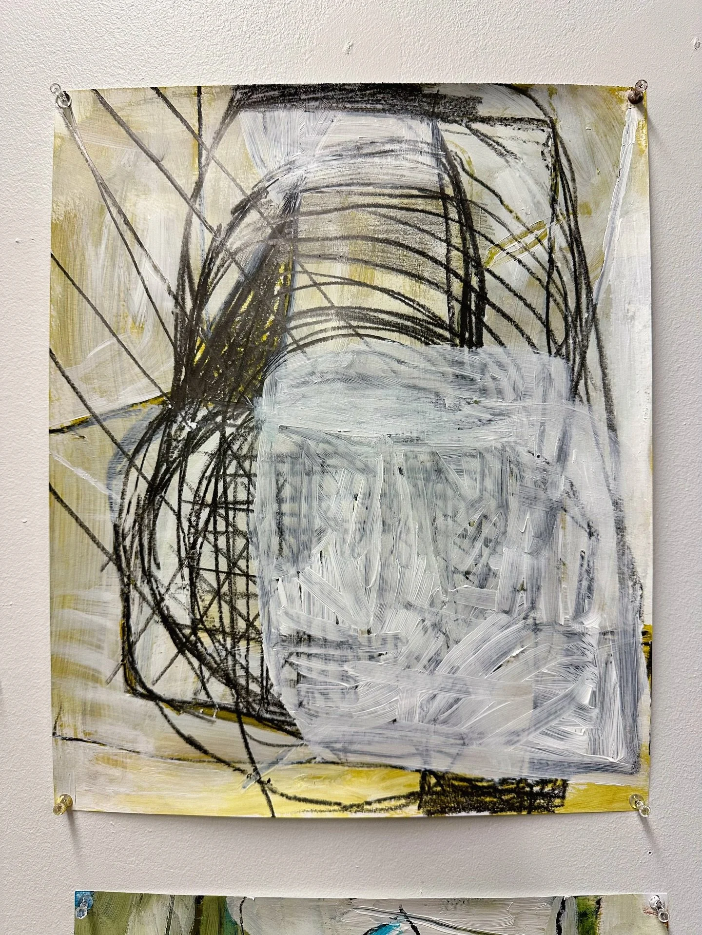 I like the idea of the white in the middle creating space. This is another 17x14 piece on my wall and one that I always seem to come back to. I like the bold drawing underneath and that patchwork of white brushstrokes on top. Creating space is such a