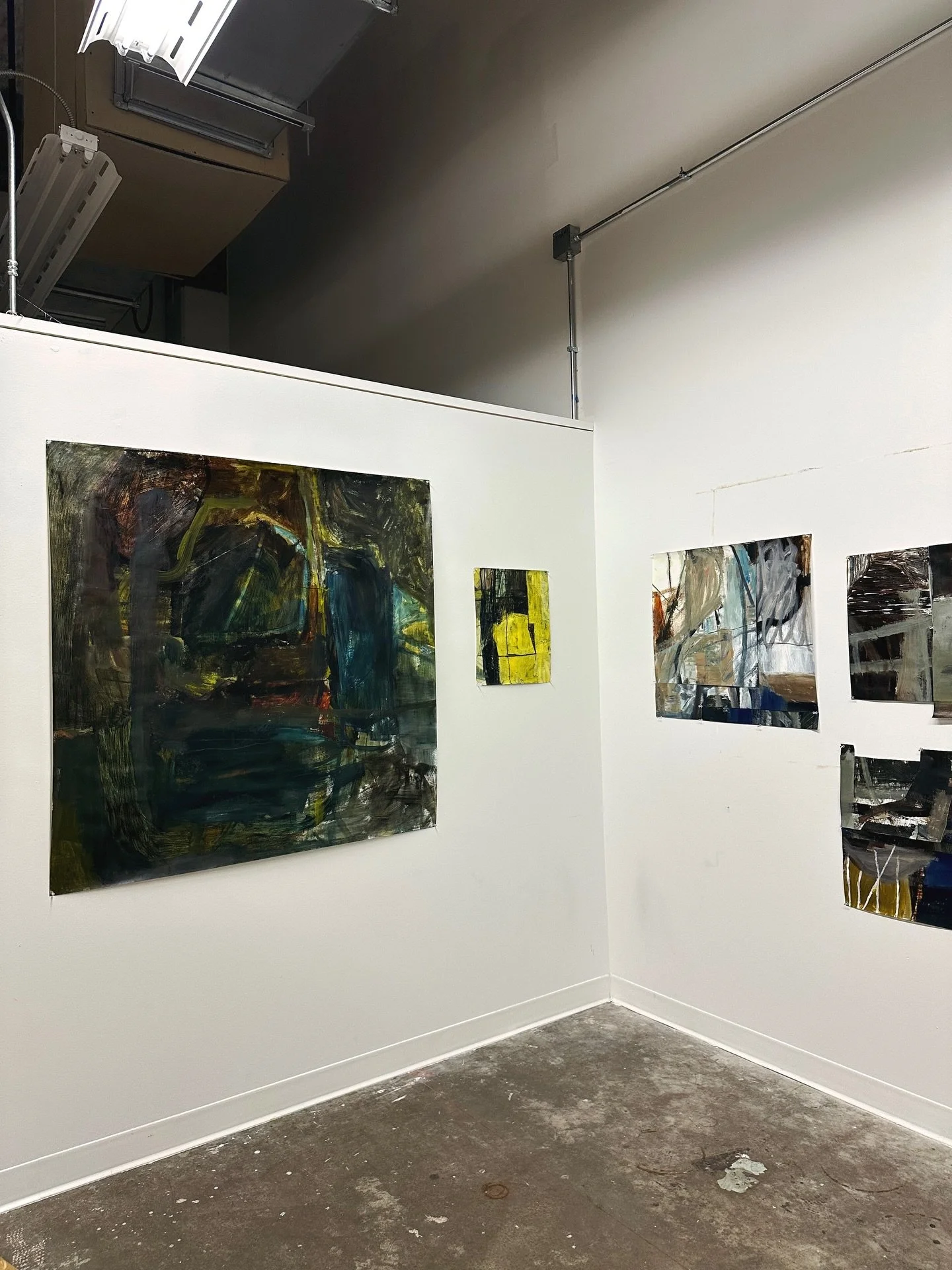 Placing the last few pieces in context for scale. The piece on the left is rather dark, the set of three pieces is the cut up painting, and that small yellow painting is fire 🔥 I&rsquo;ll have to post that yellow nugget soon. For some reason I like 