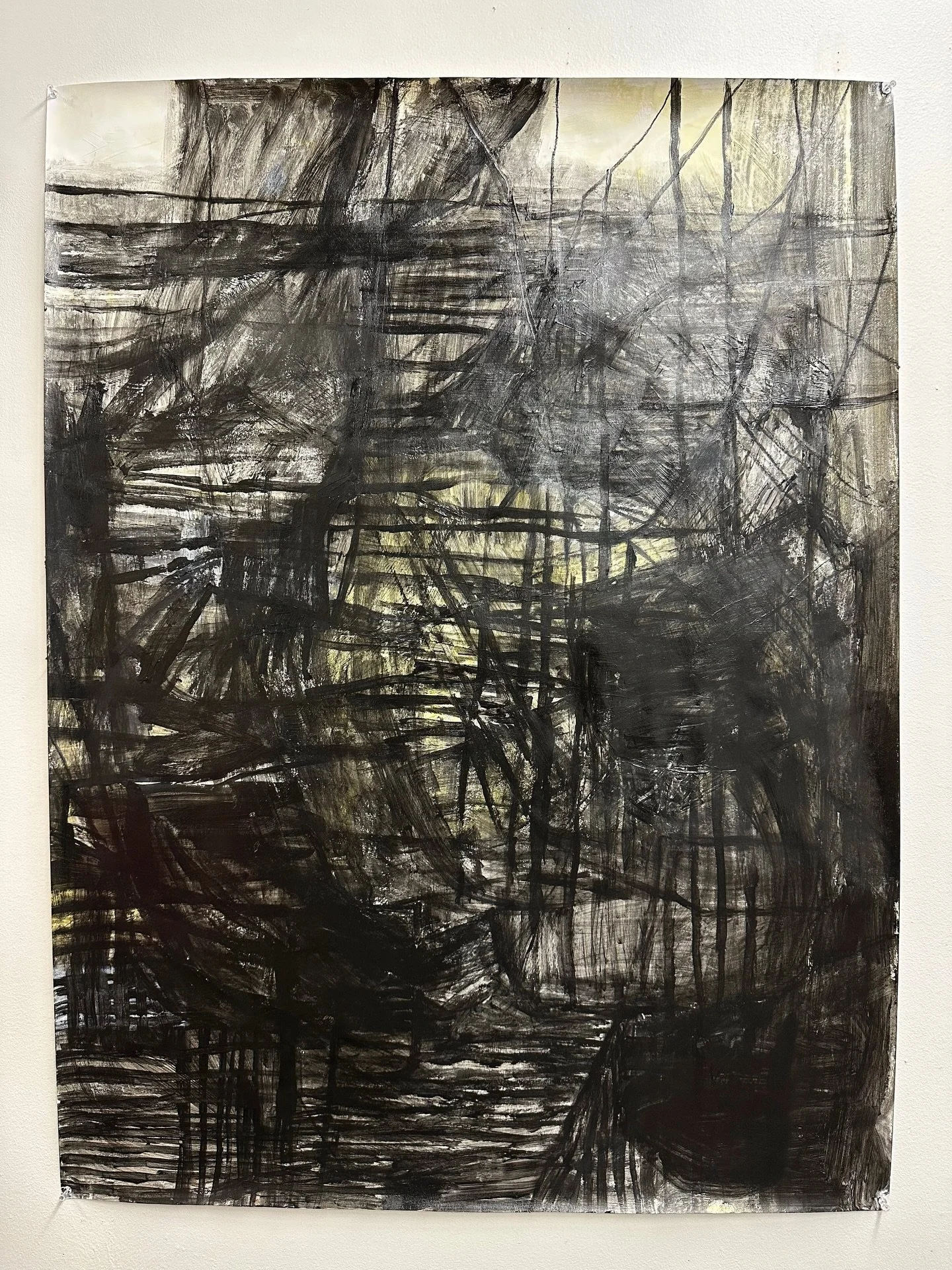 For this piece, I started with a small drawing held loosely in the back of my mind. I wanted the idea of a line drawing but at a larger scale. I thought this would be a more minimal piece, but the painting had a mind of its own. The painting was cons