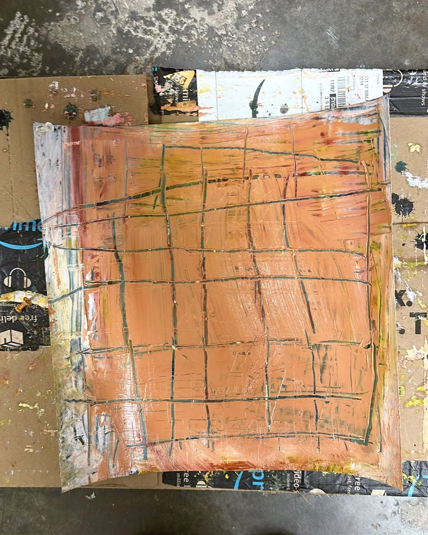 Palette reset 🌟 oil stick on yupo drying ever so slowly on top of folded prime day amazon box 

#abstractpainting #abstractart #oilstick #abstractexpressionism #artstudio