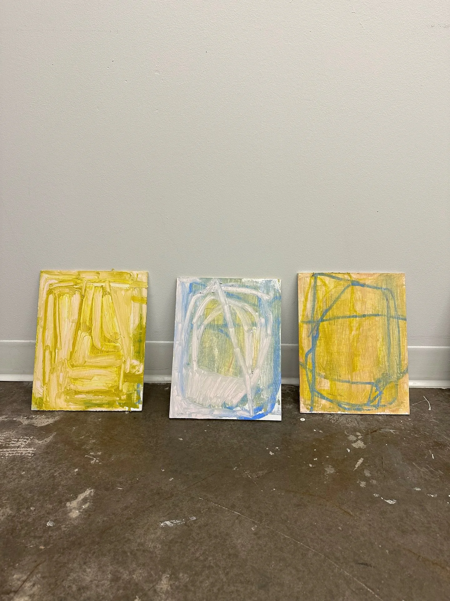 These paintings took forever to dry! Hence, the floor shot. I was pleasantly surprised with this trio. The paintings were done in the order from right to left. I liked each successive piece better than the last. I almost went back to rework the first