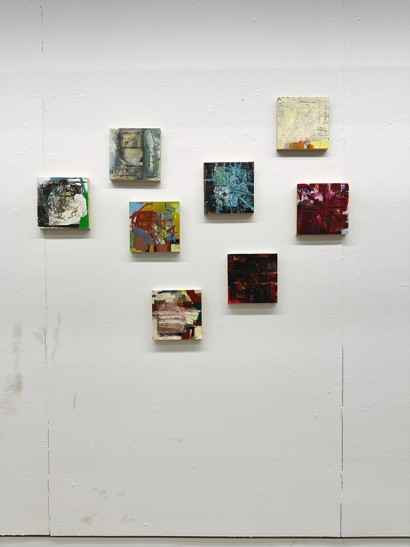 Decided to try the chunky series salon style. At the end of this critique, we determined that each piece needed a lot of space. Like at least several feet on each side, so maybe one, possibly two, paintings on each wall. I love that idea. This small 