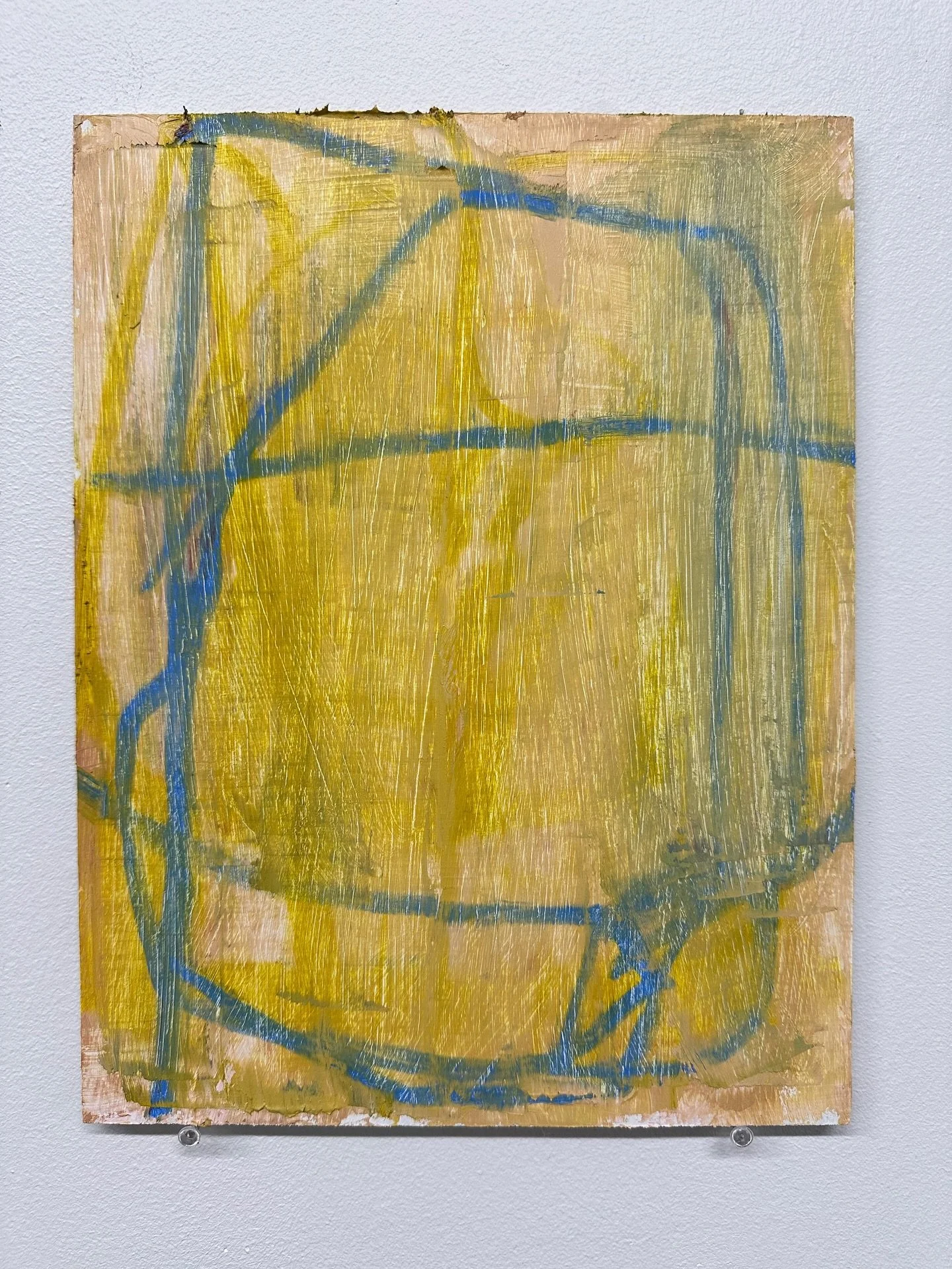 The next three paintings are a set of oil stick panels. I had three oil sticks and each one features a dominant color (scarlet extra pale, opaque olive yellow, and semi-transparent king&rsquo;s blue). This one is my least favorite but still likable p