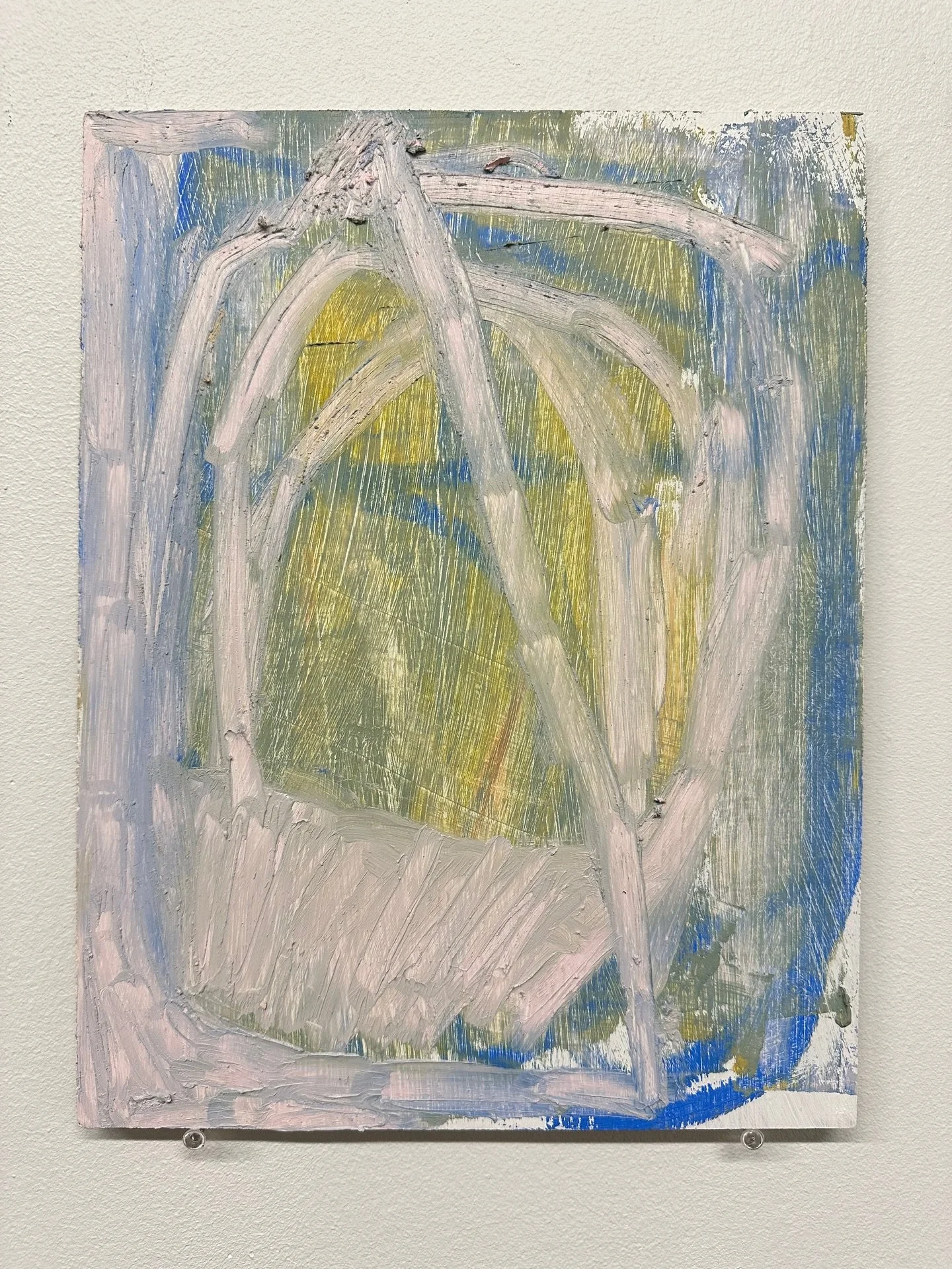 I like that curious pink diagonal line down the middle. It forms the edge of a somewhat triangular shape. The line is broken, almost pushed along, and somehow it makes it to the top where it crumbles into pigment. I also like rushed repetition of pin