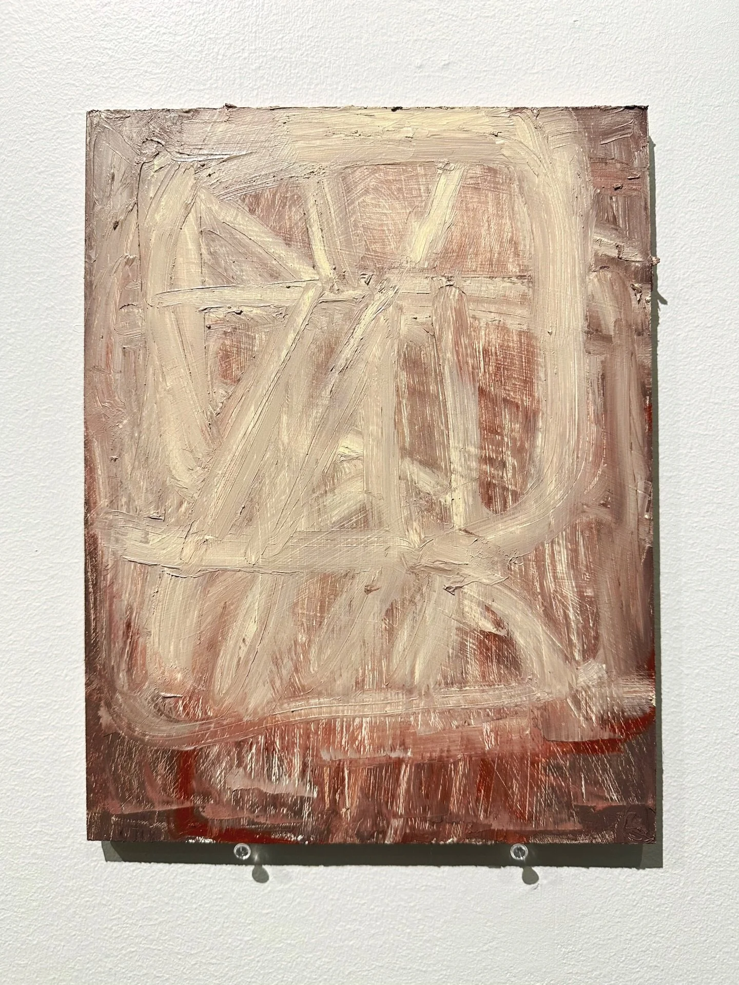 I love the way this painting repeats itself and it feels like it is moving towards you. The marks are free yet contained, and I like the smeared line in the right. There&rsquo;s a lot of energy in this little monochromatic piece. 12x9in oil stick on 