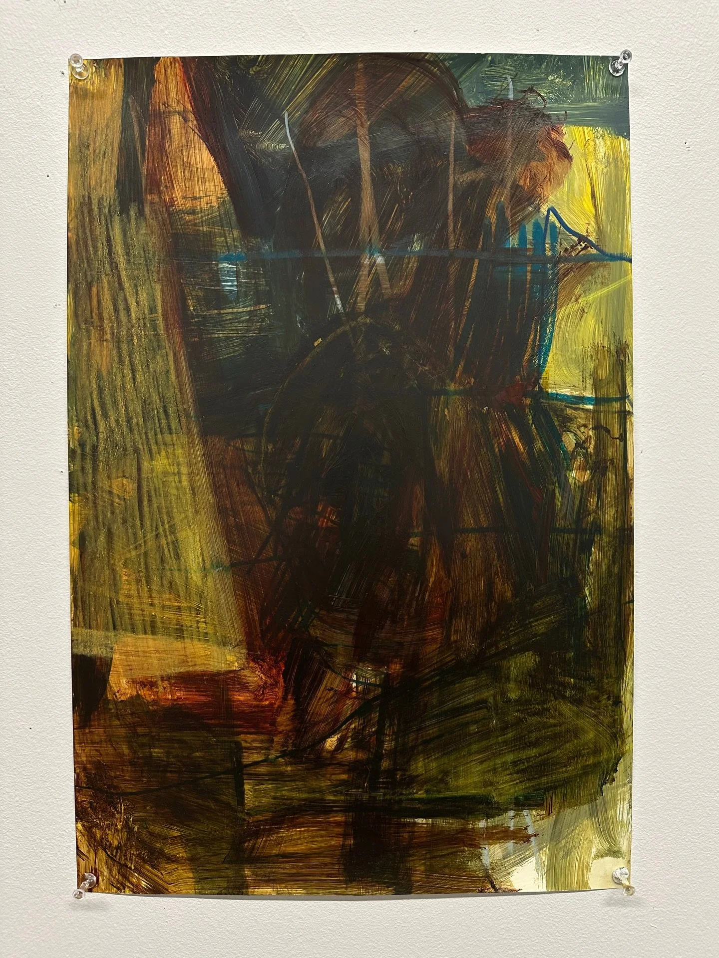 This piece is cave-like with the dark palette and that primitive, aggressive mark making. I&rsquo;m drawn into that wild space of the unknown yet with shapes that feel familiar. The freedom in this piece is wild, and I love that scratched in tall yel