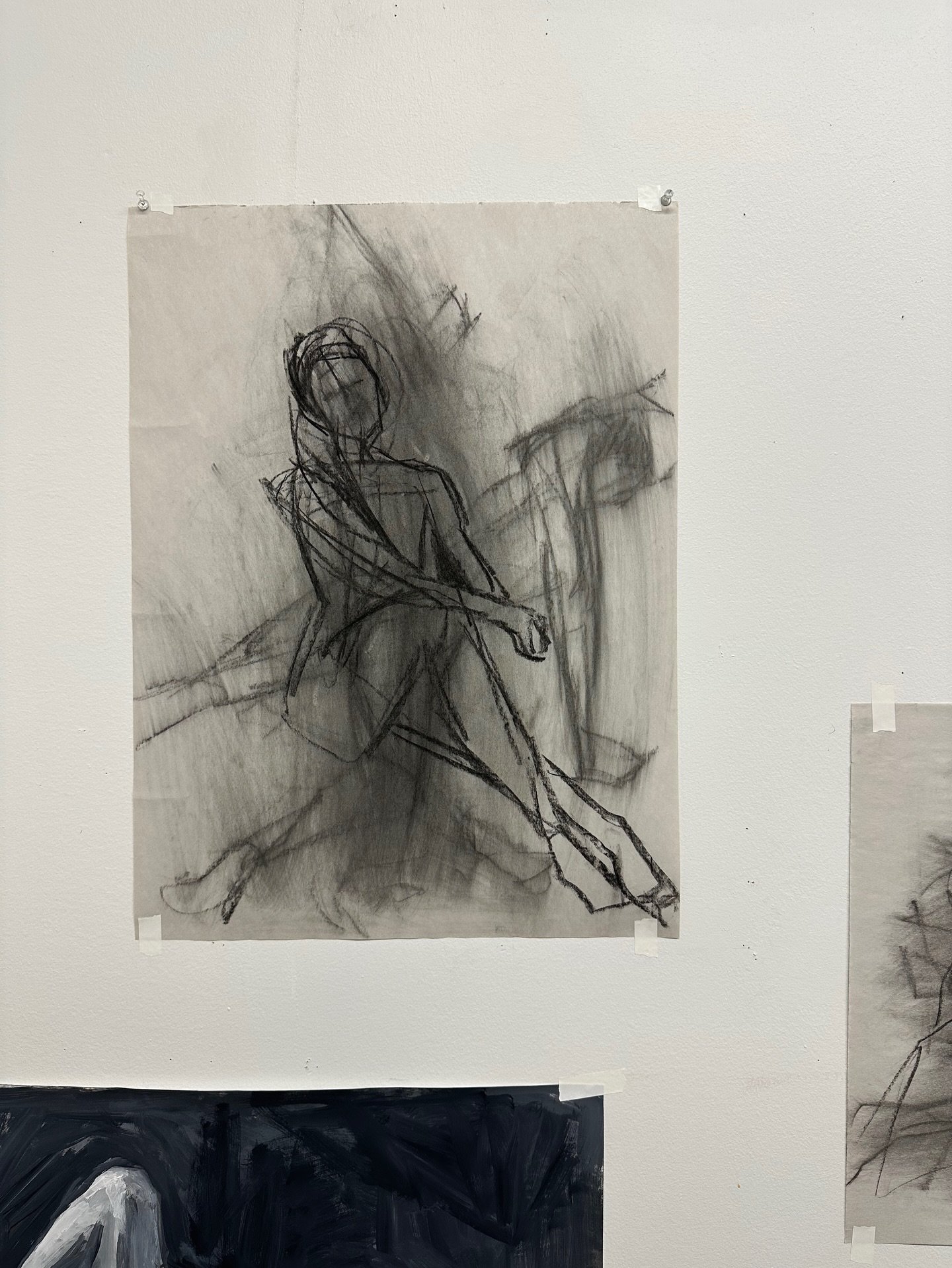 I love the layering with these gesture poses. It feels like how I paint, where I put something down and then cover it up. I think these were really short ten, twenty, thirty second poses. Maybe we built up to one minute with last one. The history is 