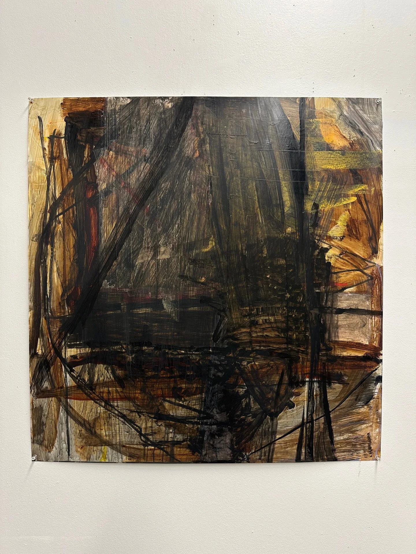 This piece is dynamite! I love the obsessive mark making that is chaotic yet somehow under control. The all black look is over the top and energizing. I have this next to a large 80x60 piece in my studio and I just can&rsquo;t take this down. So it&r