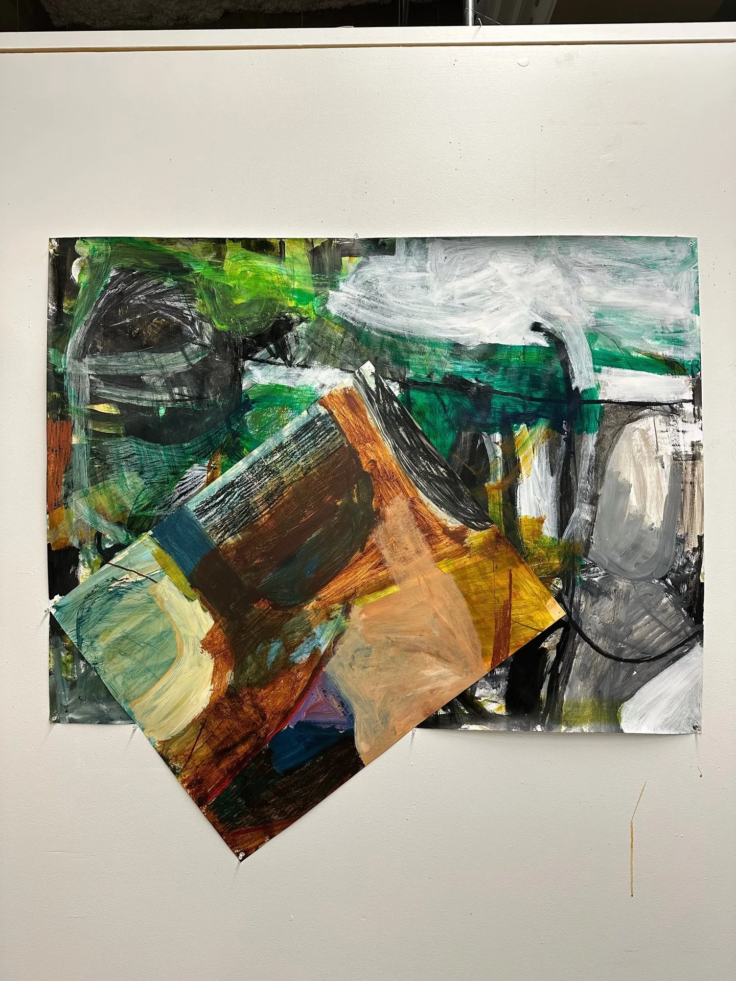 Nothing about this painting works but it does ☺️ This was the first and somewhat crude iteration of some pieces to come&mdash;the idea of interrupting the current flow but not completely because does it fit together somehow? The diagonal set-up is br