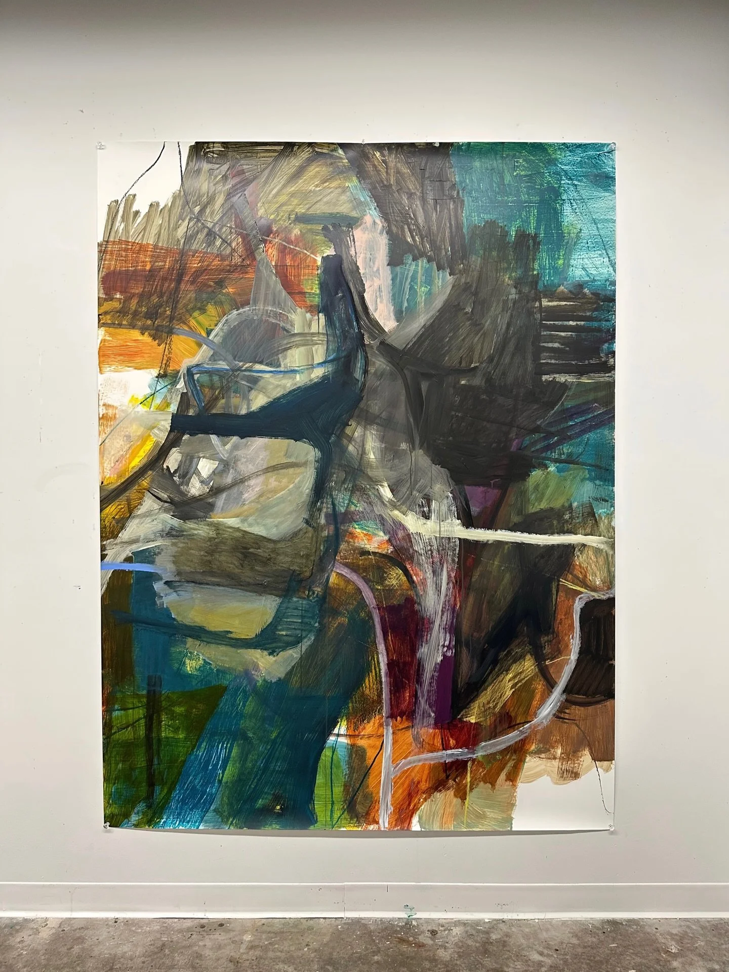 Somehow this fits together nicely. It&rsquo;s bold, colorful, and big. It&rsquo;s the fifth 80x60in piece in this series, if this were to be a series. I like how I am stating to feel the space. 

#abstractart #acrylicpainting #saic #chicagoart #abstr