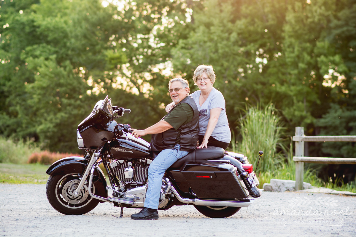 Springfield OH Lifestyle Couple Photographer | Amanda Noel Photography | older couple love and fun with motorcycle golden hour sunset