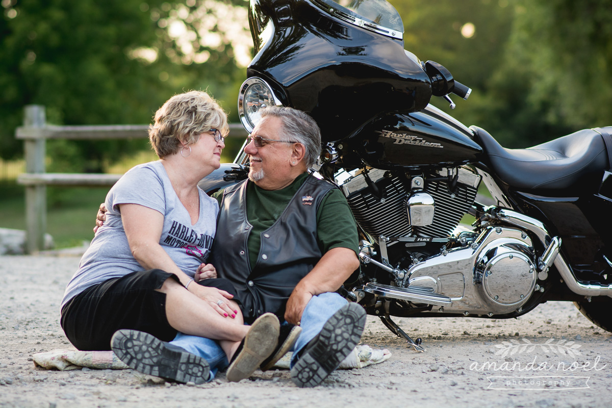 Springfield OH Lifestyle Couple Photographer | Amanda Noel Photography | older couple love and fun with motorcycle golden hour sunset